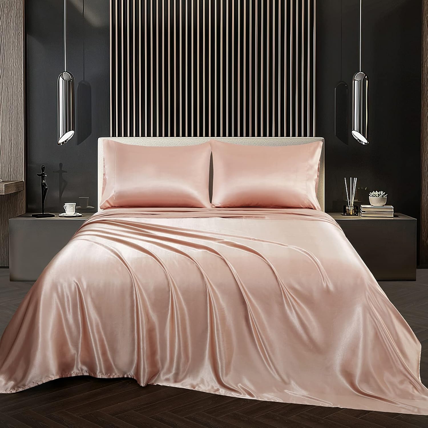 RedTom Silk Satin Sheets Full Size, Champagne Silk Sheets Set, 4Pcs Ultra Soft