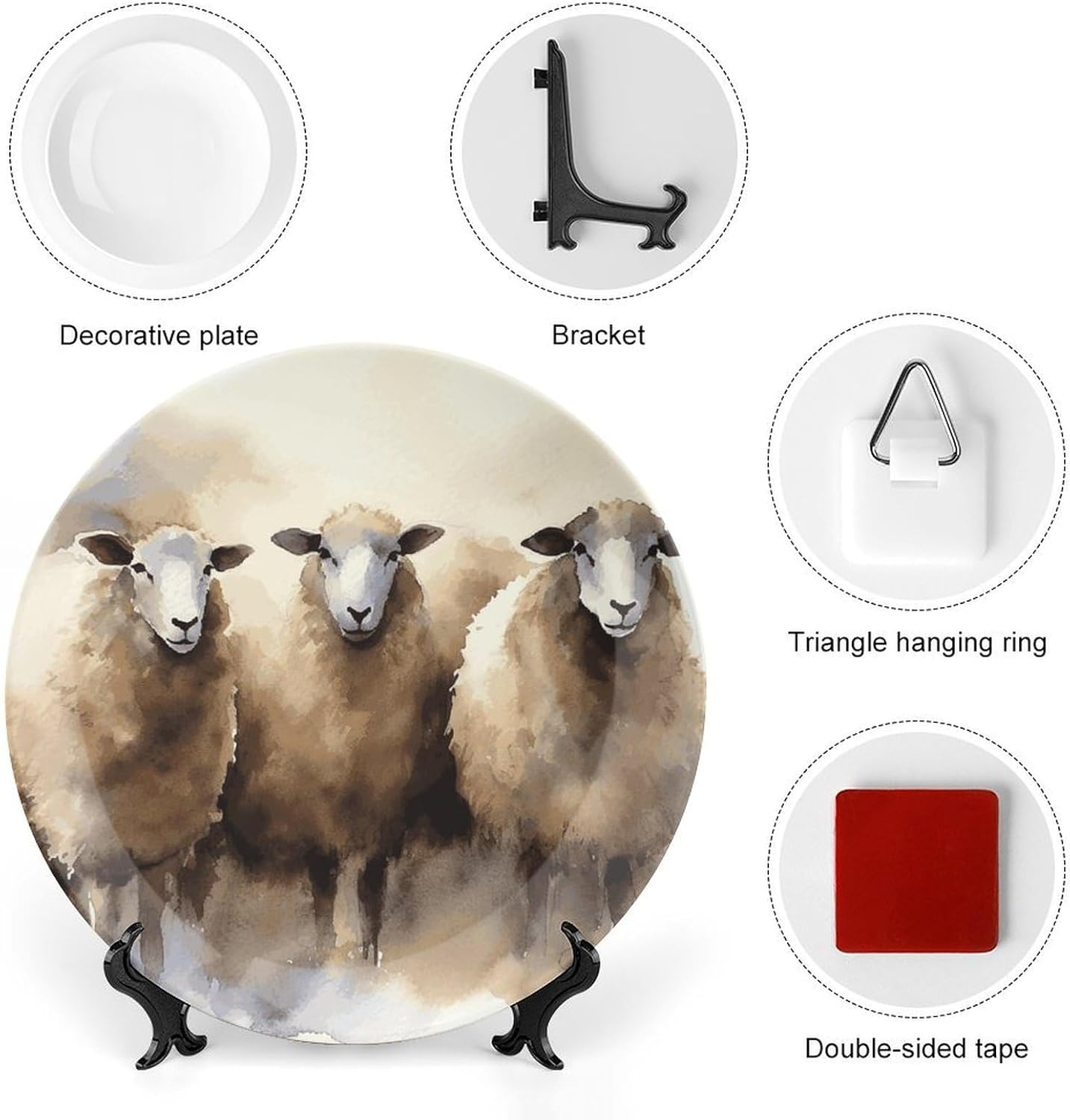 Sheeps Watercolor Bone China Decorative Plate with Display Stand, Ceramic Ornaments Plate for Wall Hanging, Personalized Porcelain Plates for Office, Living Room 10inch