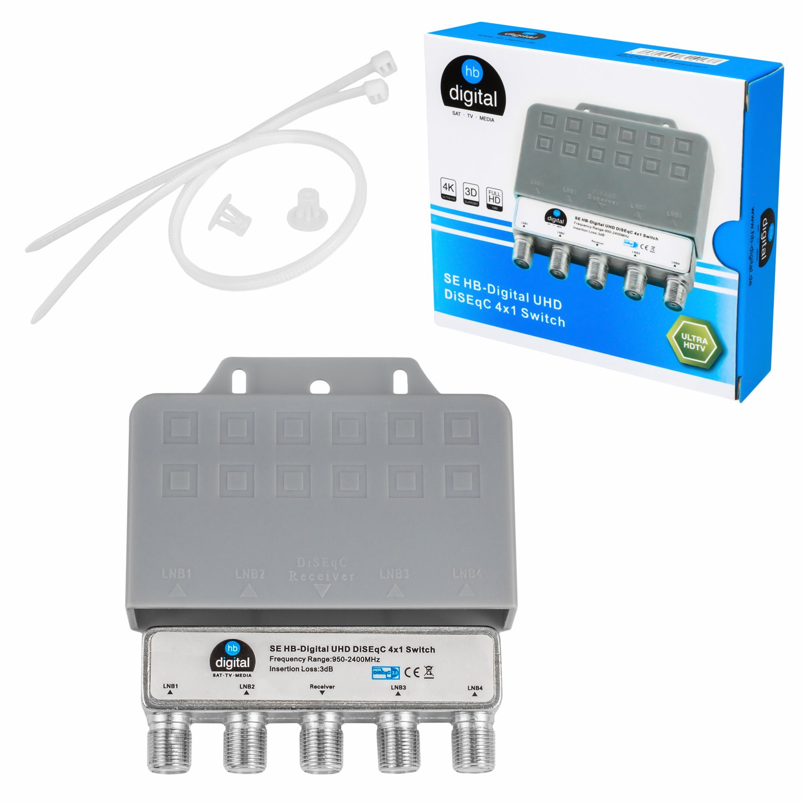 HB-DIGITAL Kit LNB-DiSEqC : 3 satellites SAT, 1 participant ; 3 LNB simples + 1 Diseqc 4/1 avec boîtier de protection contre les intempéries, Full HD 3D 4K UHD + 10 fiches F plaquées or + 1 résistance