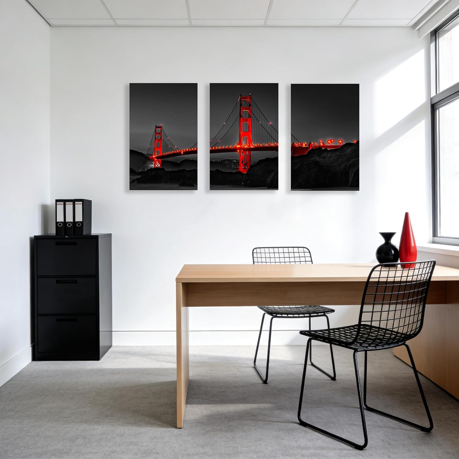 3 piece Large Black and Red Wall Art Set Golden Gate Bridge Skyline Canvas Wall Art San Francisco Bay Area Landscape Pictures Prints Artwork for Office decor Living Room Bedroom Decoration Poster