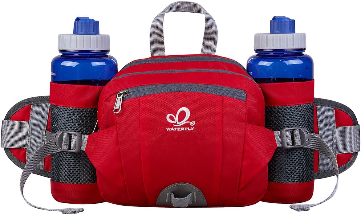 WATERFLY Fanny Pack Waist Bag: Fannie Pack 2 Water Bottle Holders Lumbar Belt Hiking Walking Running Jogging Camping Large Woman Man (Bottle Not Included)