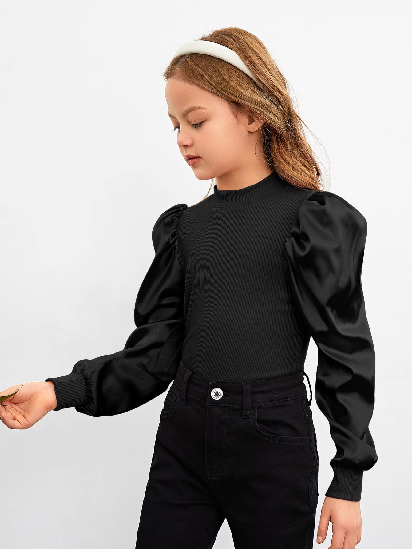 Floerns Blusa casual de punto acanalado de manga larga abombada con cuello redondo para niñas