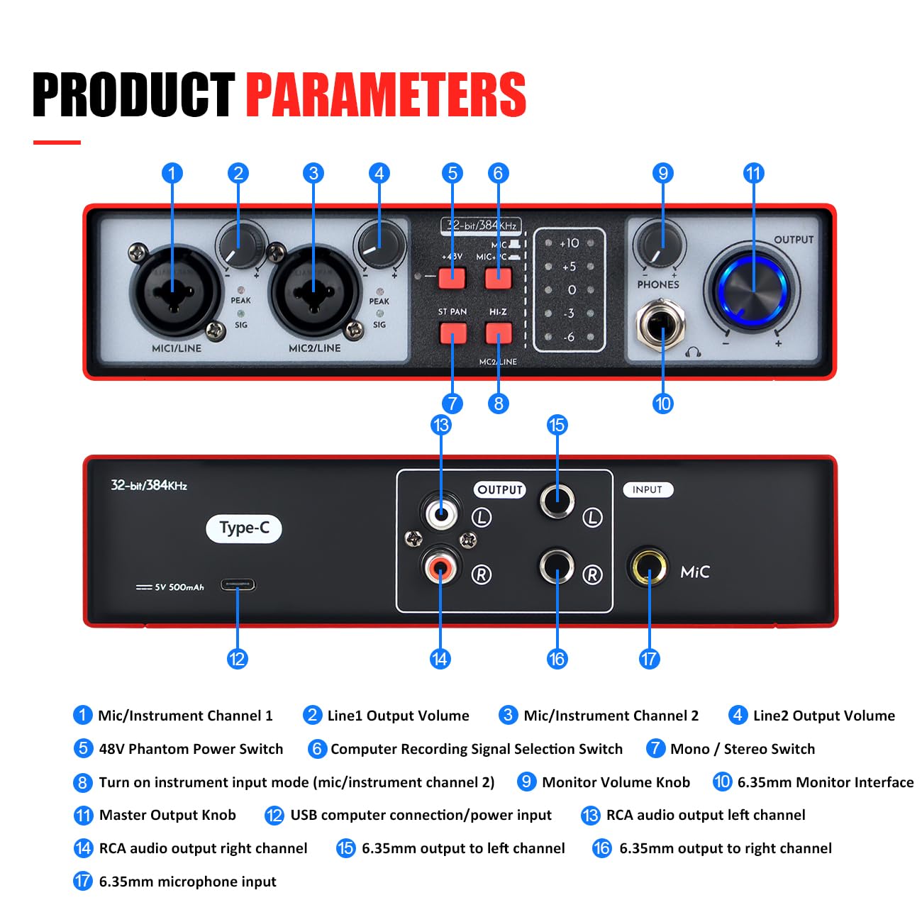 Interfaccia Audio USB 2 in 2-out, 32 Bit/384 kHz DSP, Registrazione Scheda Audio Mixer Audio per Home Studio può Collegare Microfono a Condensatore da 48 V, NMX02-RED