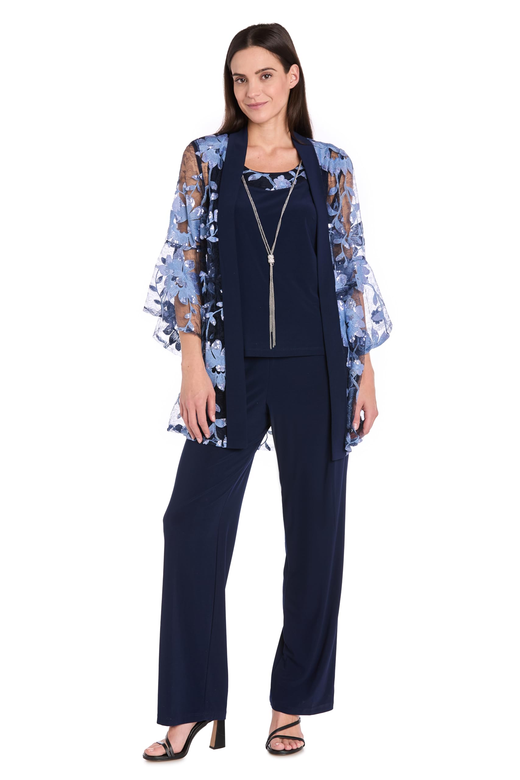 3PC Floral Threadwork Pantsuit Set W/Sheer Bell Sleeve Duster Jacket