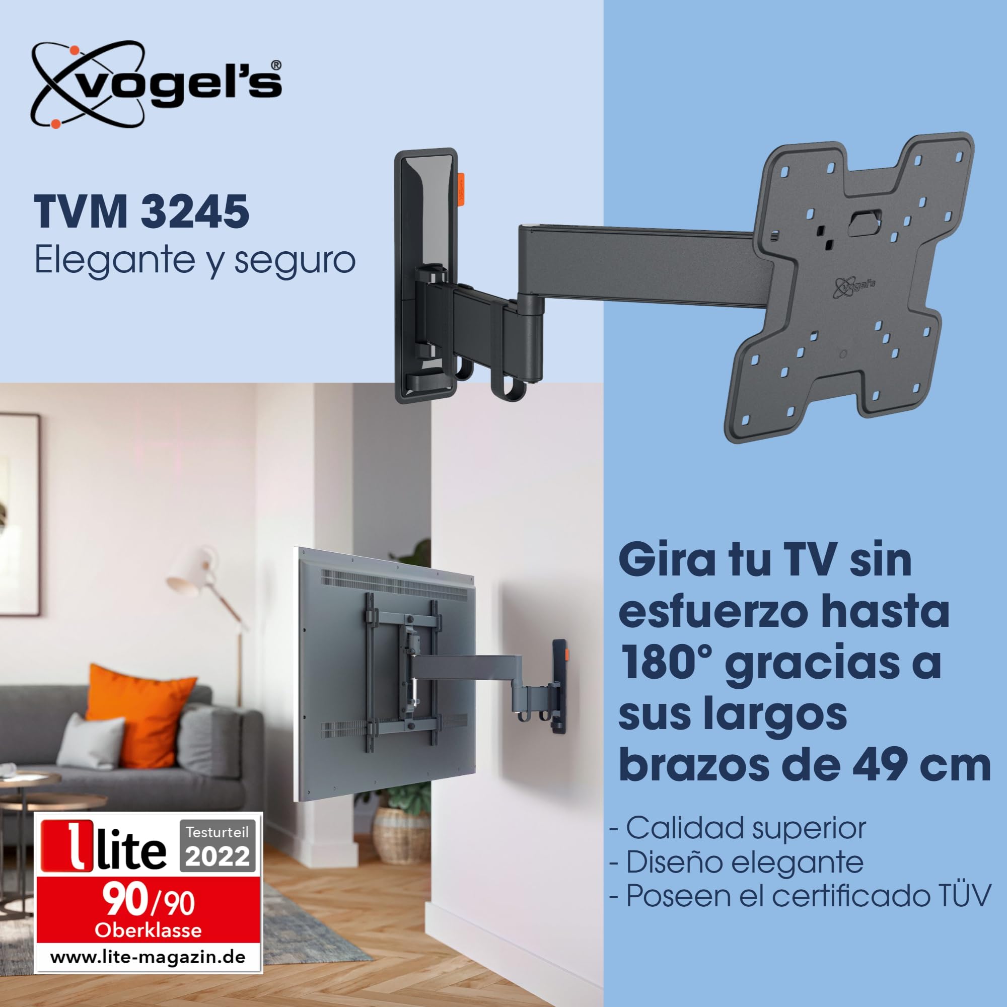 Vogel's TVM 3245 Soporte TV Giratorio para televisores de Entre 19 a 43 Pulgadas, Máx 15 kg, Gira hasta 180º, Inclinable hasta 20º, Soporte para TV máx. VESA 200x200, Compatibilidad Universal