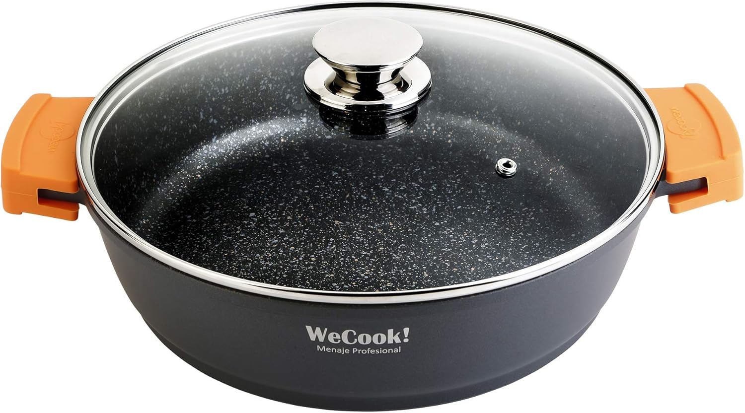 WECOOK Cazuela Baja Ecochef Titanio, 28 cm, 5 L, Negro, Inducción | Antiadherente QUANTANIUM 5 capas sin PFOA, Aluminio fundido 5 mm, Apta horno 230°C, Tapa vidrio templado, Lavavajillas