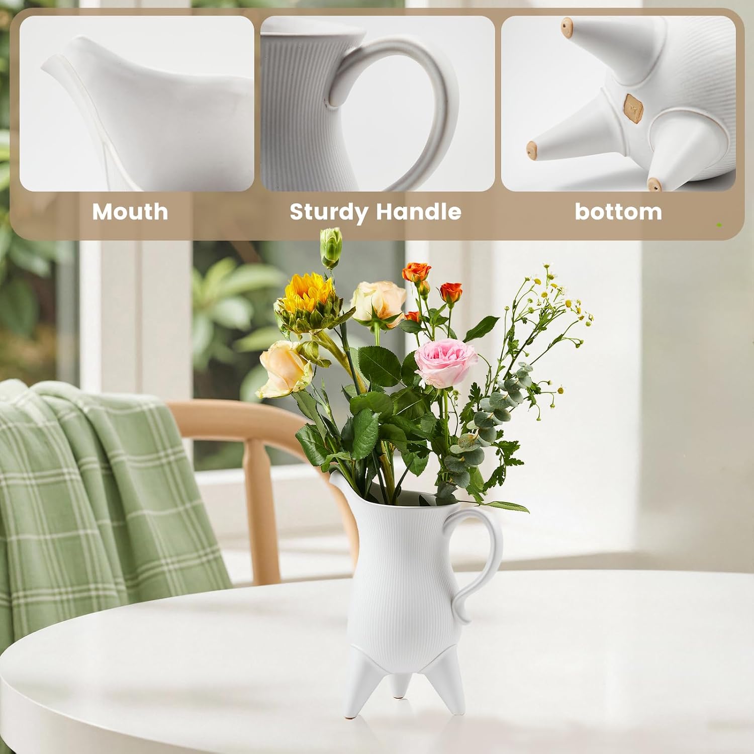 Minimalist Ceramic Pitcher Vase - 9.5 Inch Sculptural Ceramic Flower Vase with Handle and Tripod Base, Unique Functional Sculpture for Modern Home Decor, Table Centerpiece, Kitchen Island image 4