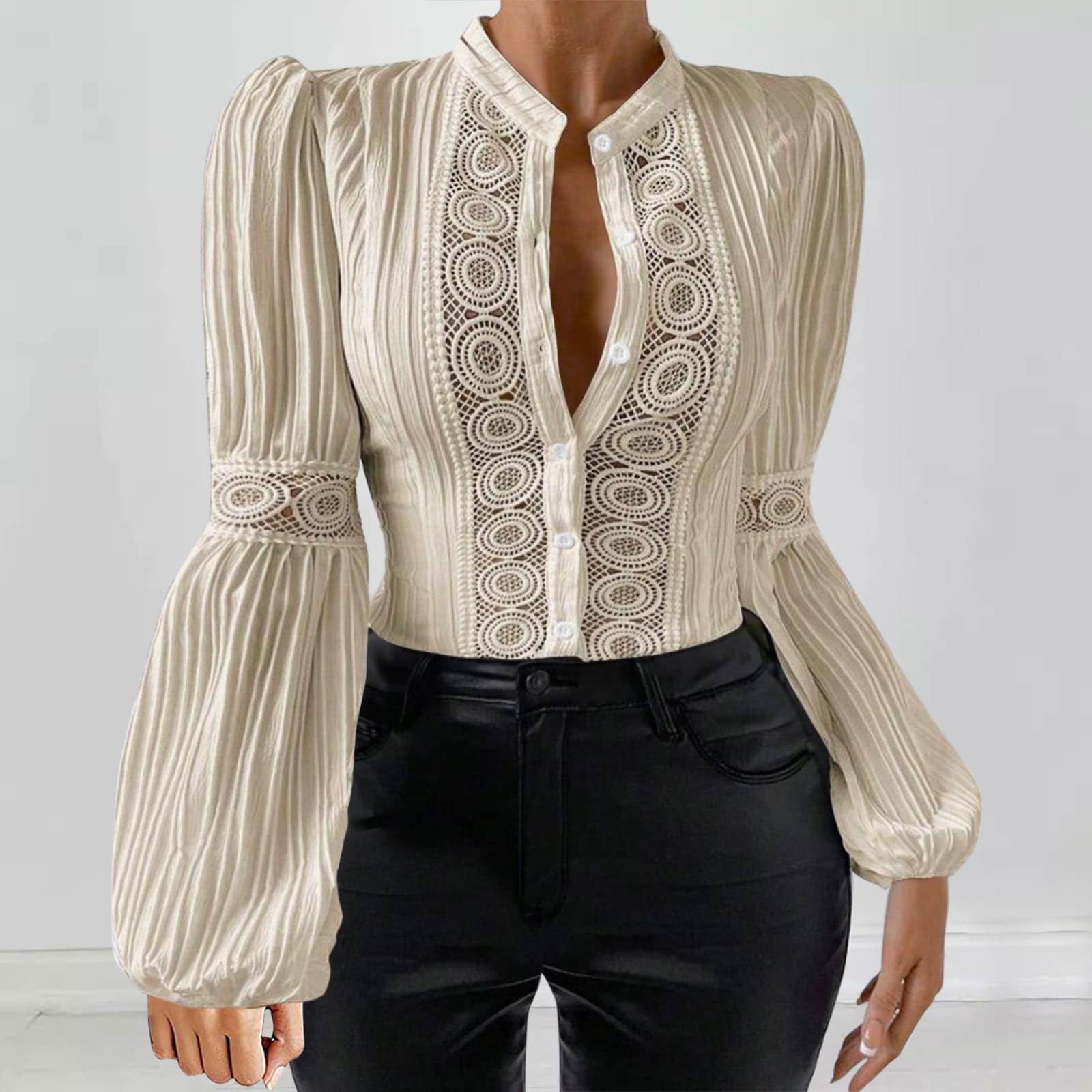 Blusas de Mujer Elegantes,Camisa de Encaje Manga Larga para Mujer Talla Grande Cuello Levantado Blusa Mujer de Mangas de Linterna Ajustado Elástico Tunic Top Camisa Mujer Manga Larga