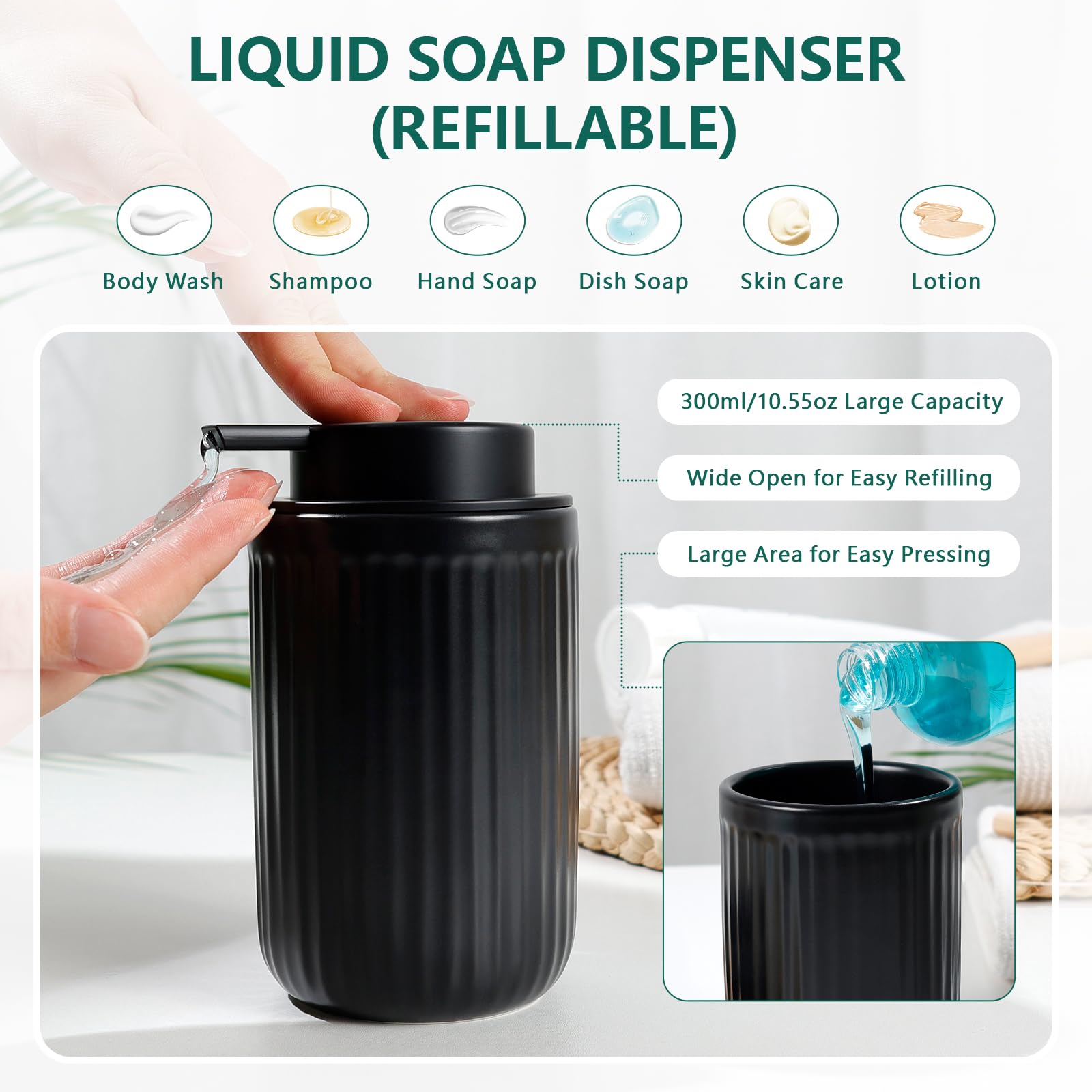 BosilunLife Juego de 4 accesorios de baño de cerámica – Juego de jabón para encimera de baño, accesorios de decoración de baño, dispensador de loción, jabonera, soporte para cepillo de dientes / vaso