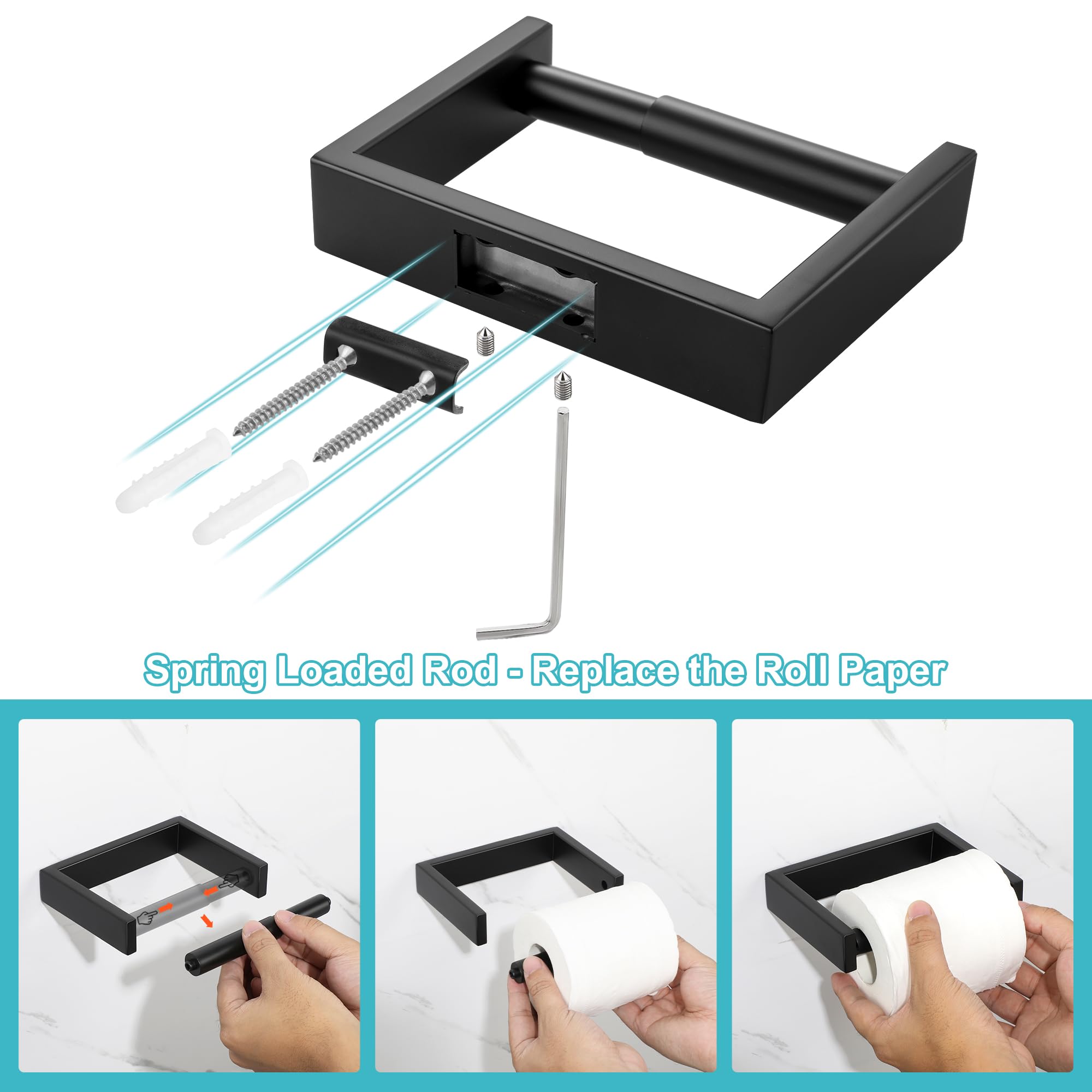 SAYAYO Black Toilet Roll Holder Wall Mounted Spring Loaded Toilet Paper Holder for Loo Tissue Roll SUS304 Stainless Steel Heavy Duty for Bathroom Kitchen - Image 3