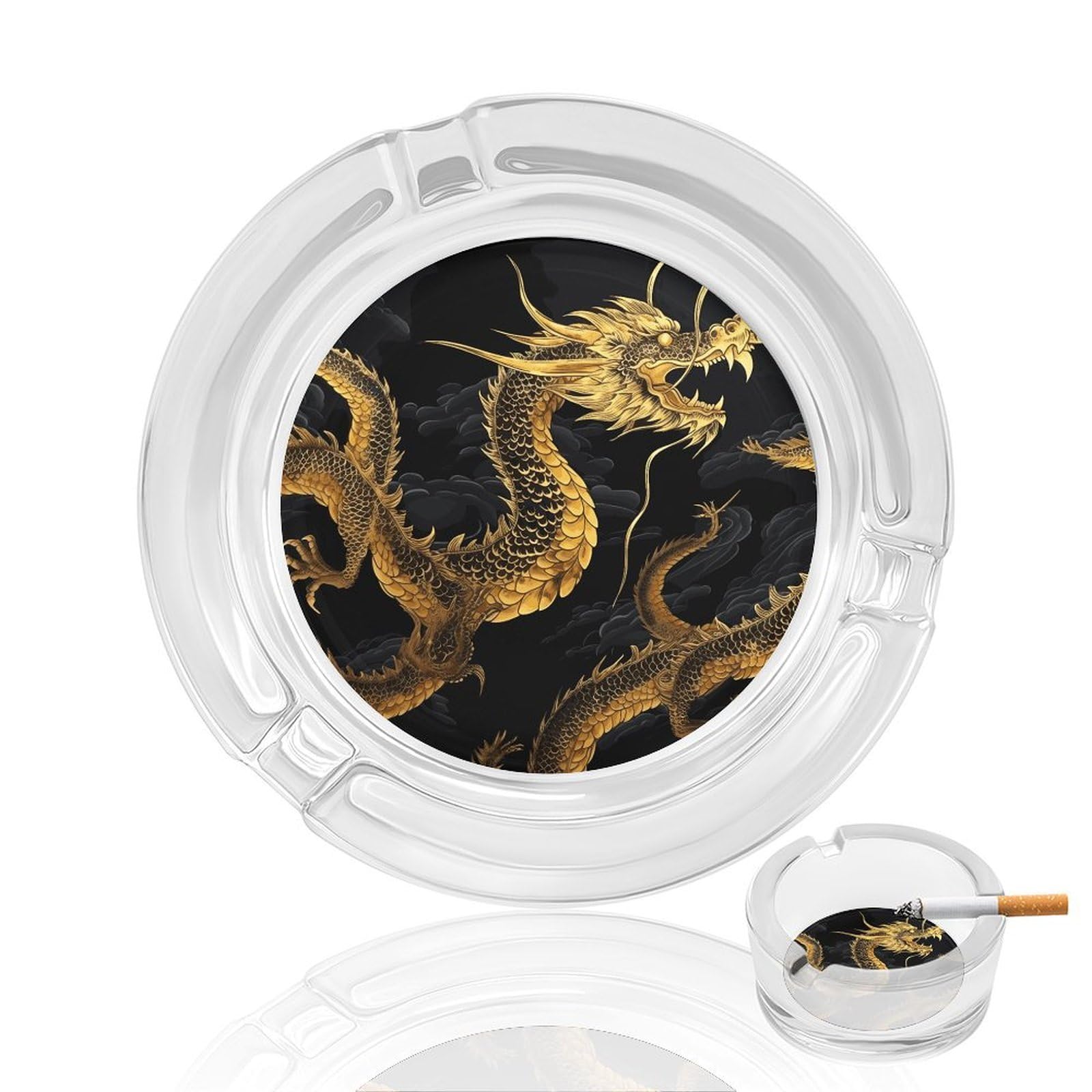 Cendrier en verre lavable pour fumeurs motif dragon noir et jaune