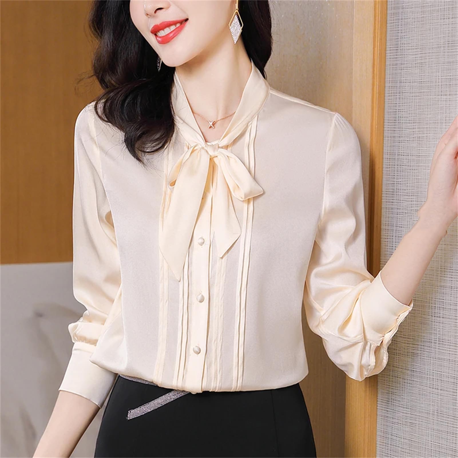 Camisa de moda para mujer, con lazo, de manga larga, de seda, para oficina, color liso