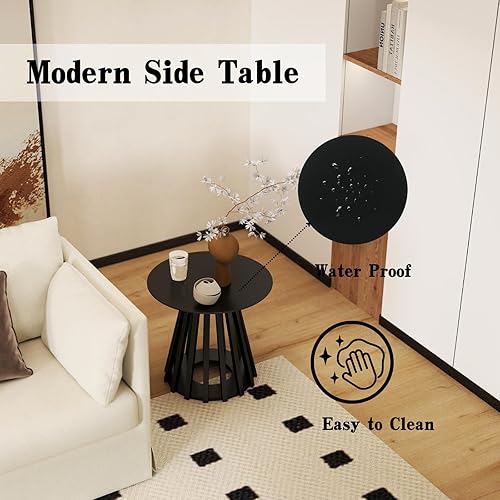 Miniatura 5 de DUOMAY Mesa auxiliar redonda moderna con base geométrica, mesa auxiliar de madera natural para sala de estar, dormitorio, sala de estar, oficina,