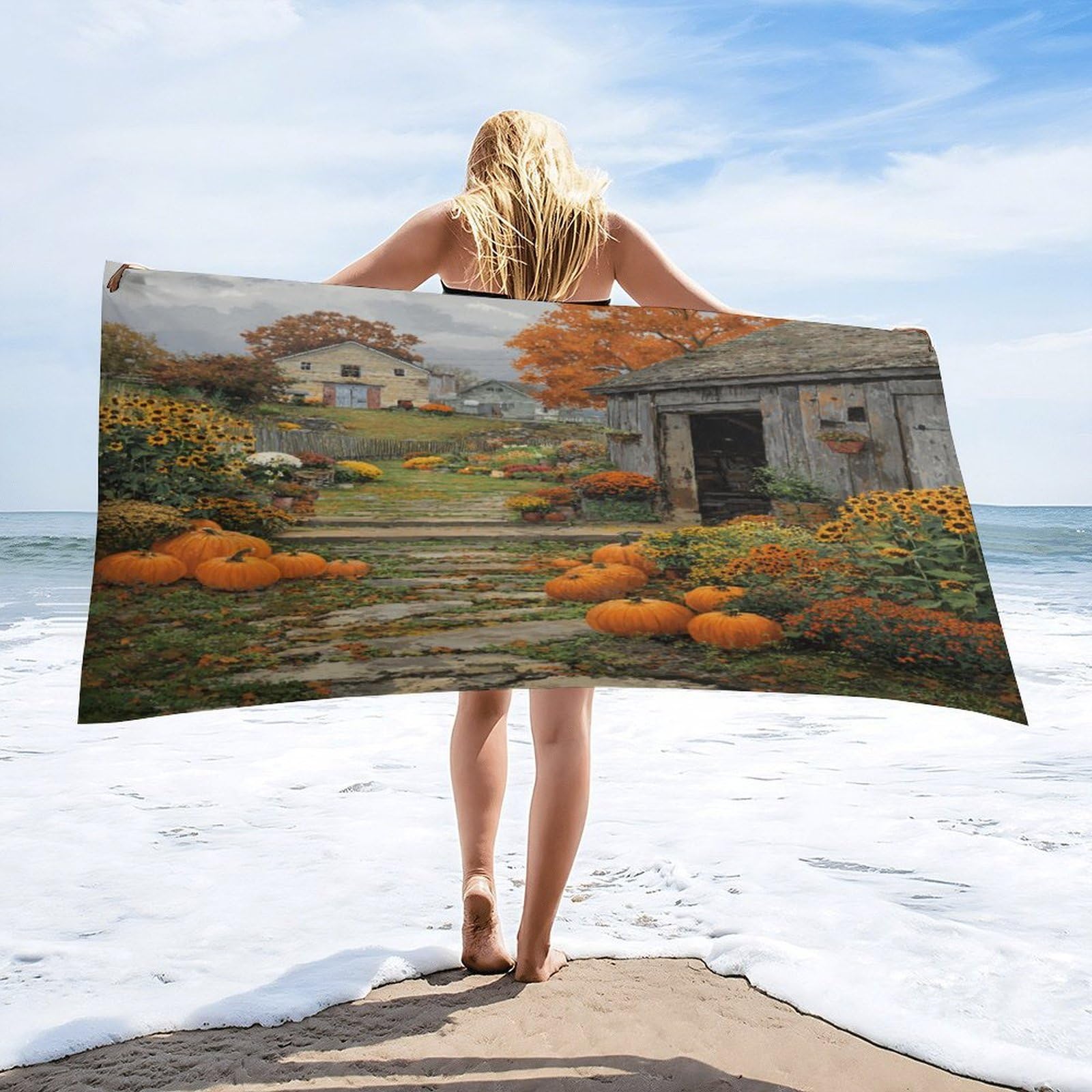 Luyysky Classic Rustic Autumn Log Cabin Absorbent Beach Towel, Retro Abstract Fall Plant Maple Tree Sunflowers Pumpkins Outdoor Single-Sided Velvet Beach Towel-80 W Cm X 160" L Cm