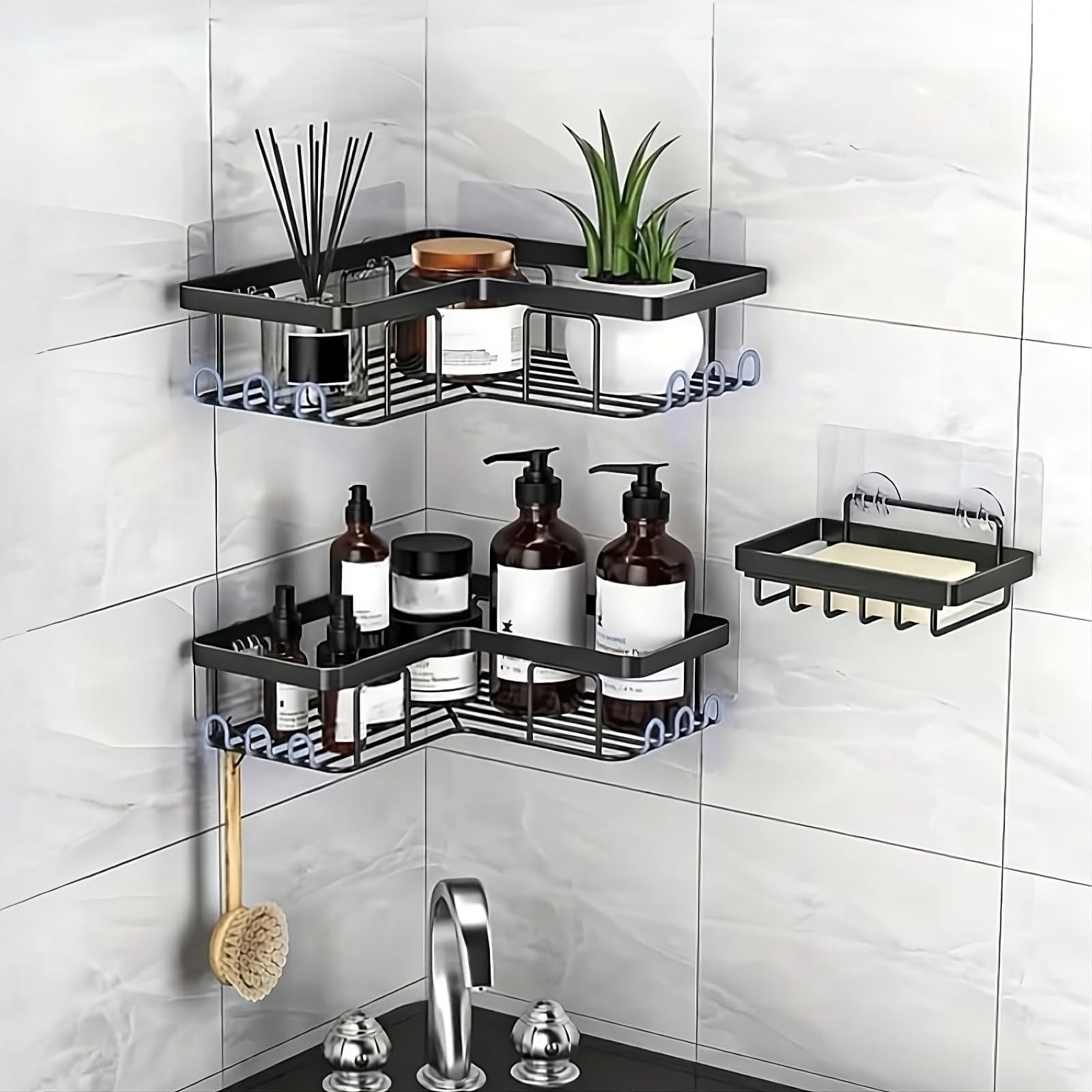 Shower Caddy Corner Shelf with Soap Holder No Drill Adhesive Wall Mounted with Hooks - Rustproof Stainless Steel