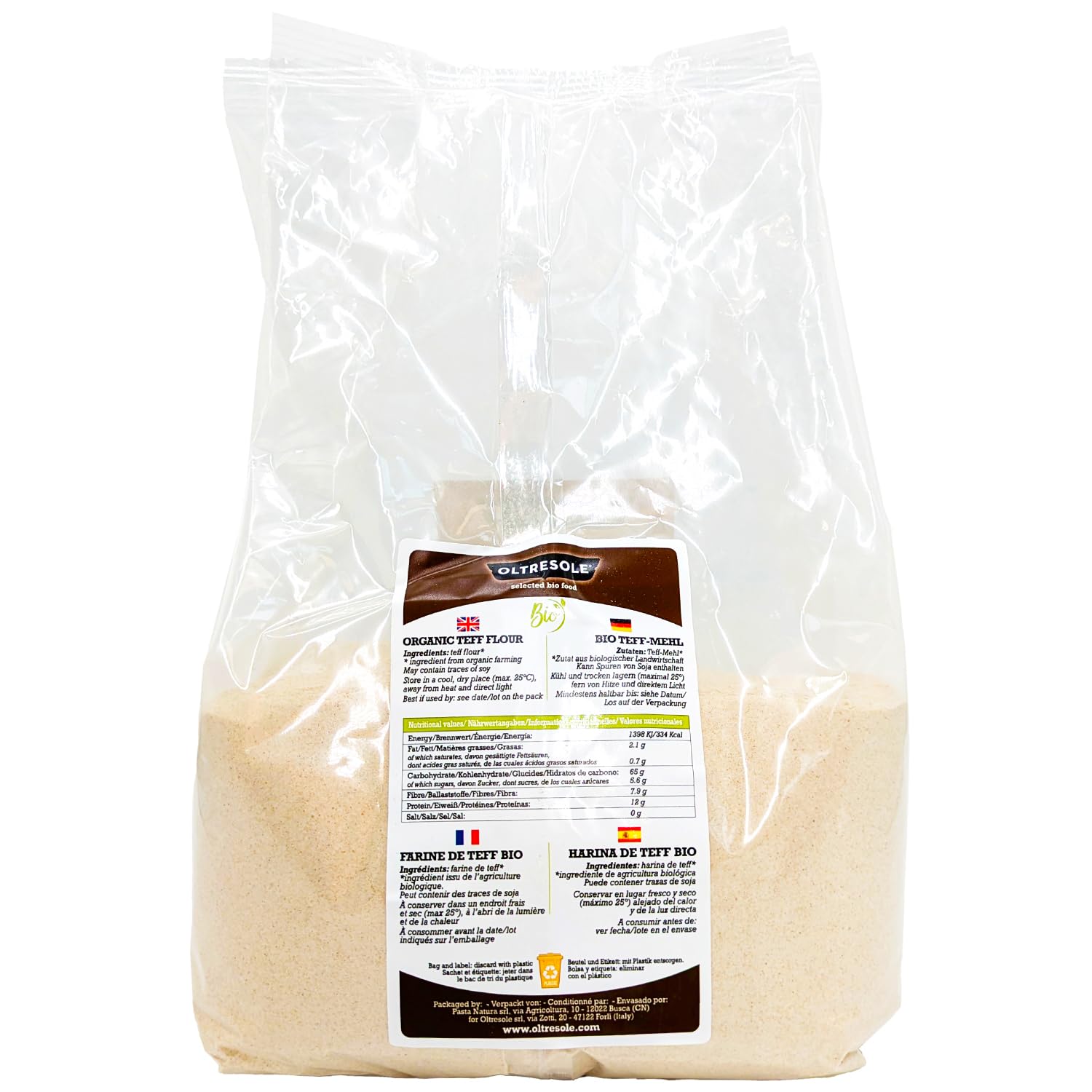 Oltresole, Farine de Teff biologique 1 kg, Farine riche en fibres, protéines et minéraux, polyvalente en cuisine, excellente pour les pâtes sucrées et salées, végétalienne, sans OGM, sans gluten