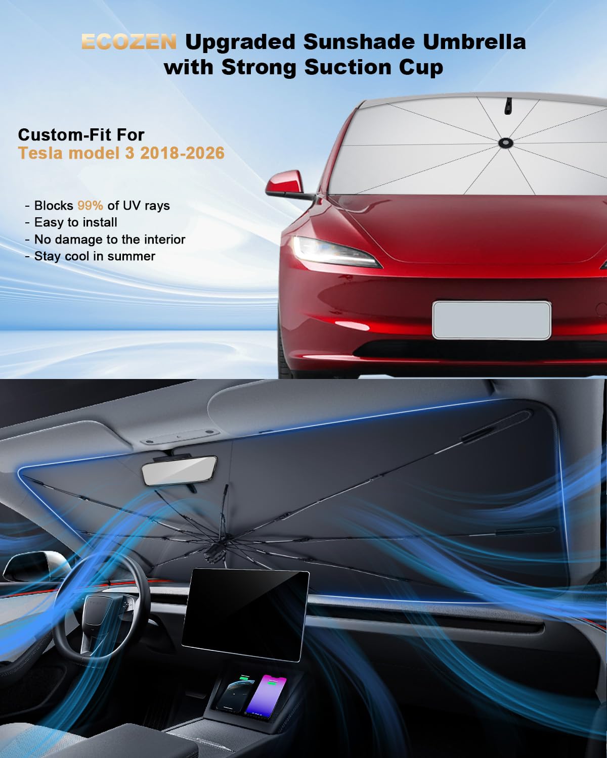 ECOZEN Parasol Pare Brise Voiture pour Tesla Model 3 2018-2026 Anti-UV Parapluie Pare Soleil Voiture Pare-Soleil Pliable, Auto-adhésif Parasol de Voiture Pliable Accessoires Tesla Model 3