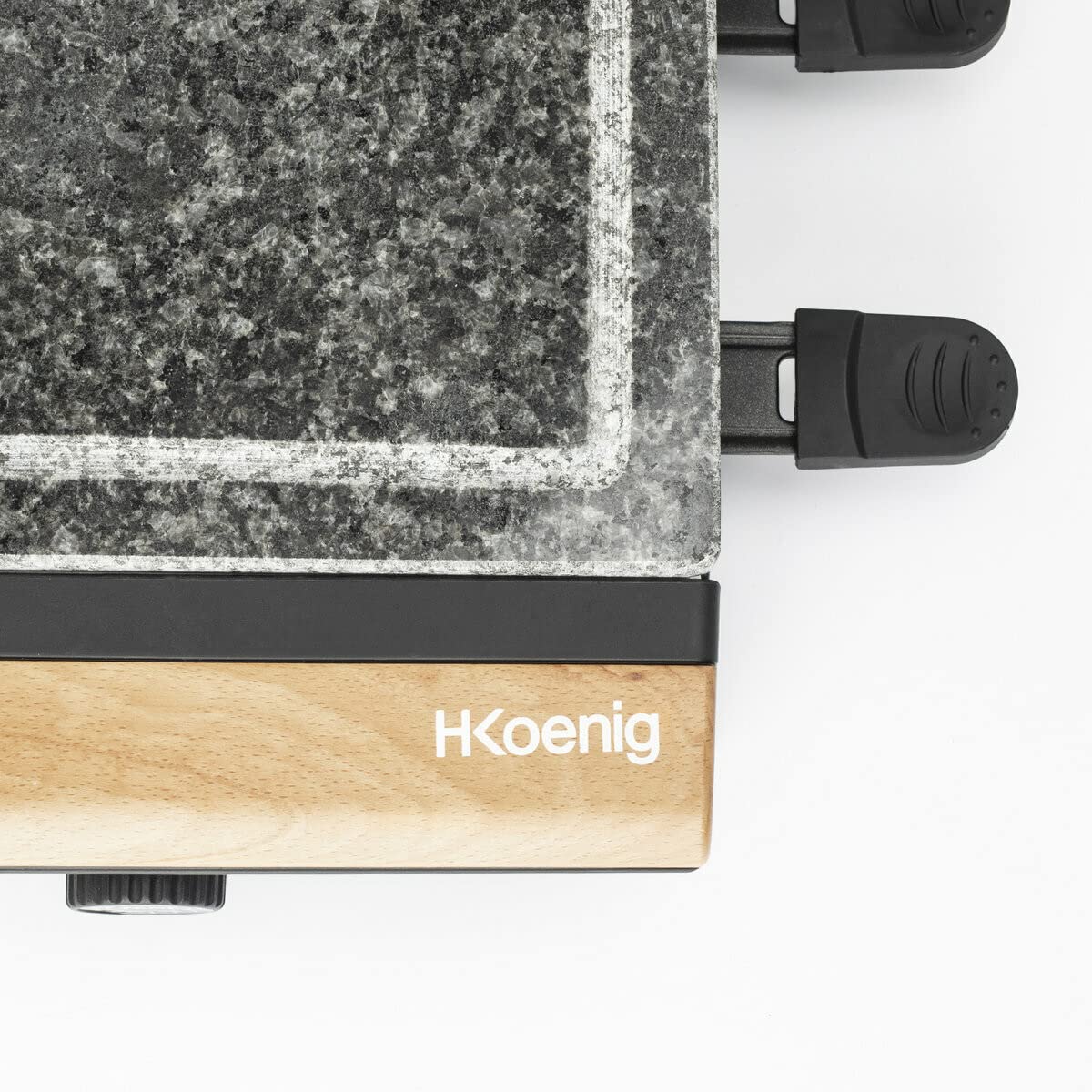 H.Koenig Pietra di cottura 2 in 1 con apparecchio per raclette da 8 persone RP328 design in legno, griglia multifunzione in granito,pietra rimovibile, Accessori: 8 teglie antiaderenti