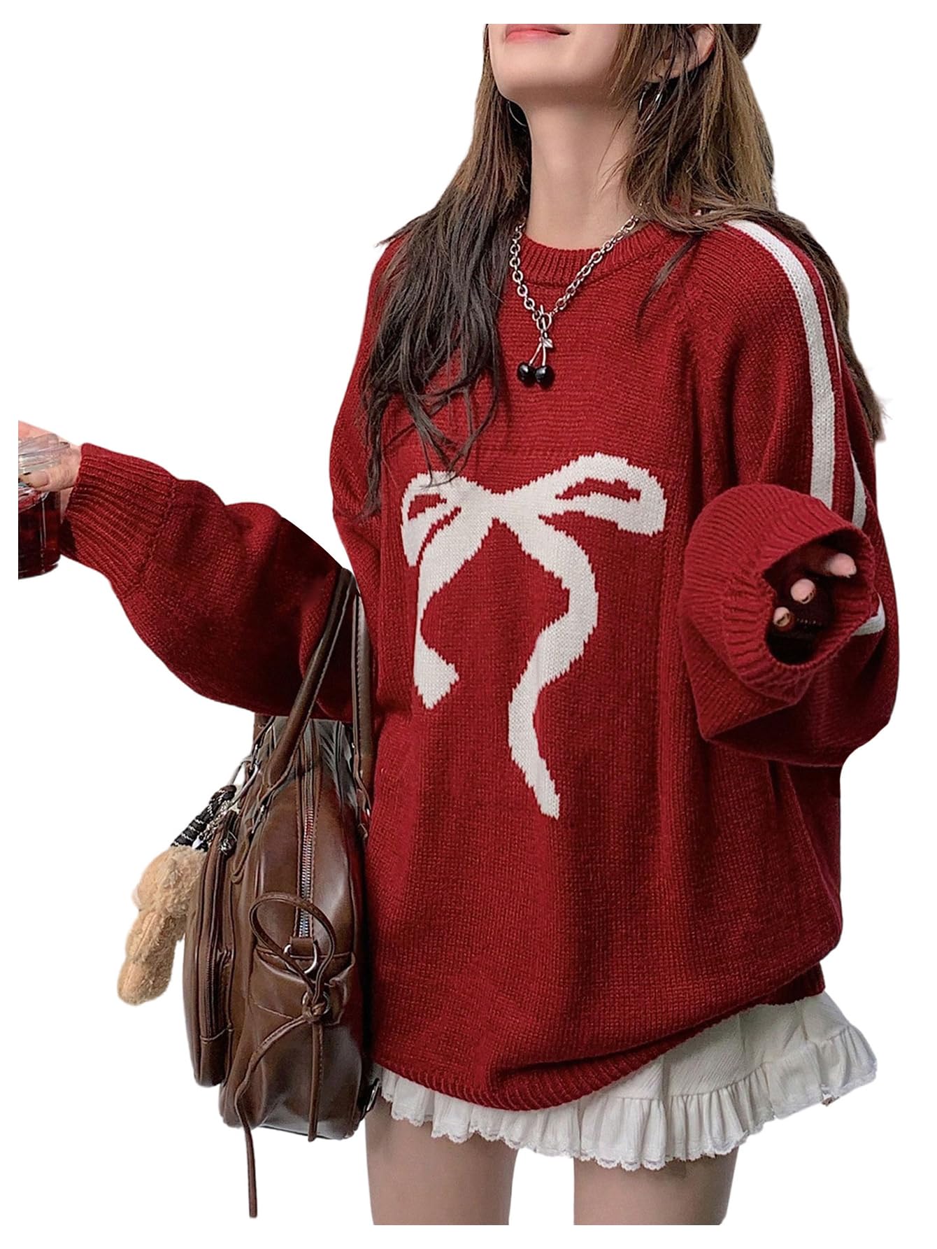 SweatyRocks Womens Bow Sweater Oversized Long Sleeve Crewneck Pullover Sweaters Fall Winter Outfits