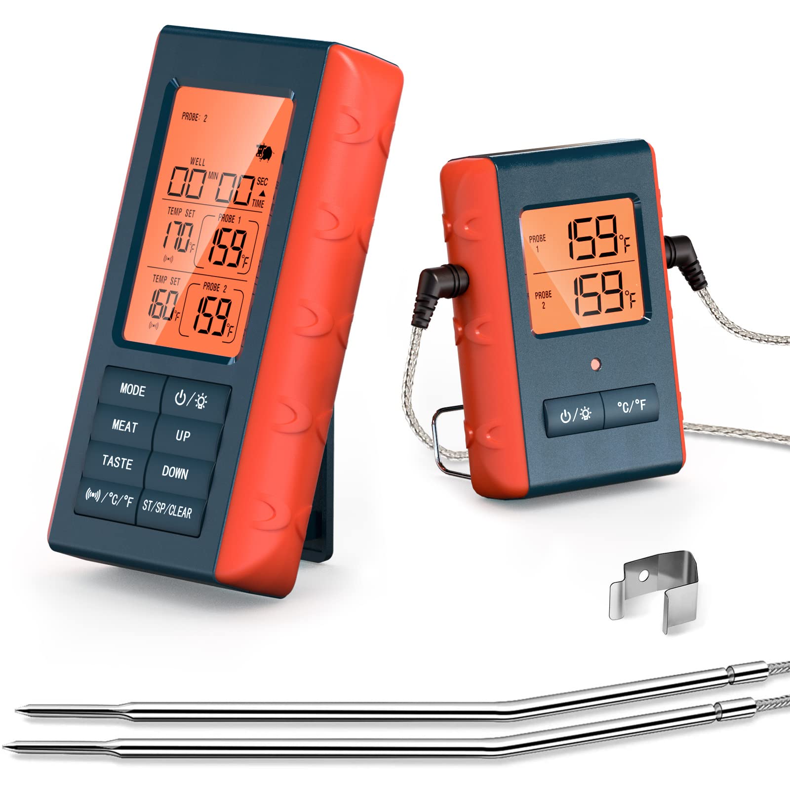Domary Thermomètre à Viande Fil avec 2 Sondes, Portée de 100M/328 Pieds, Thermomètre de Cuisson Numérique pour Griller, Fumeur, Four, Barbecue