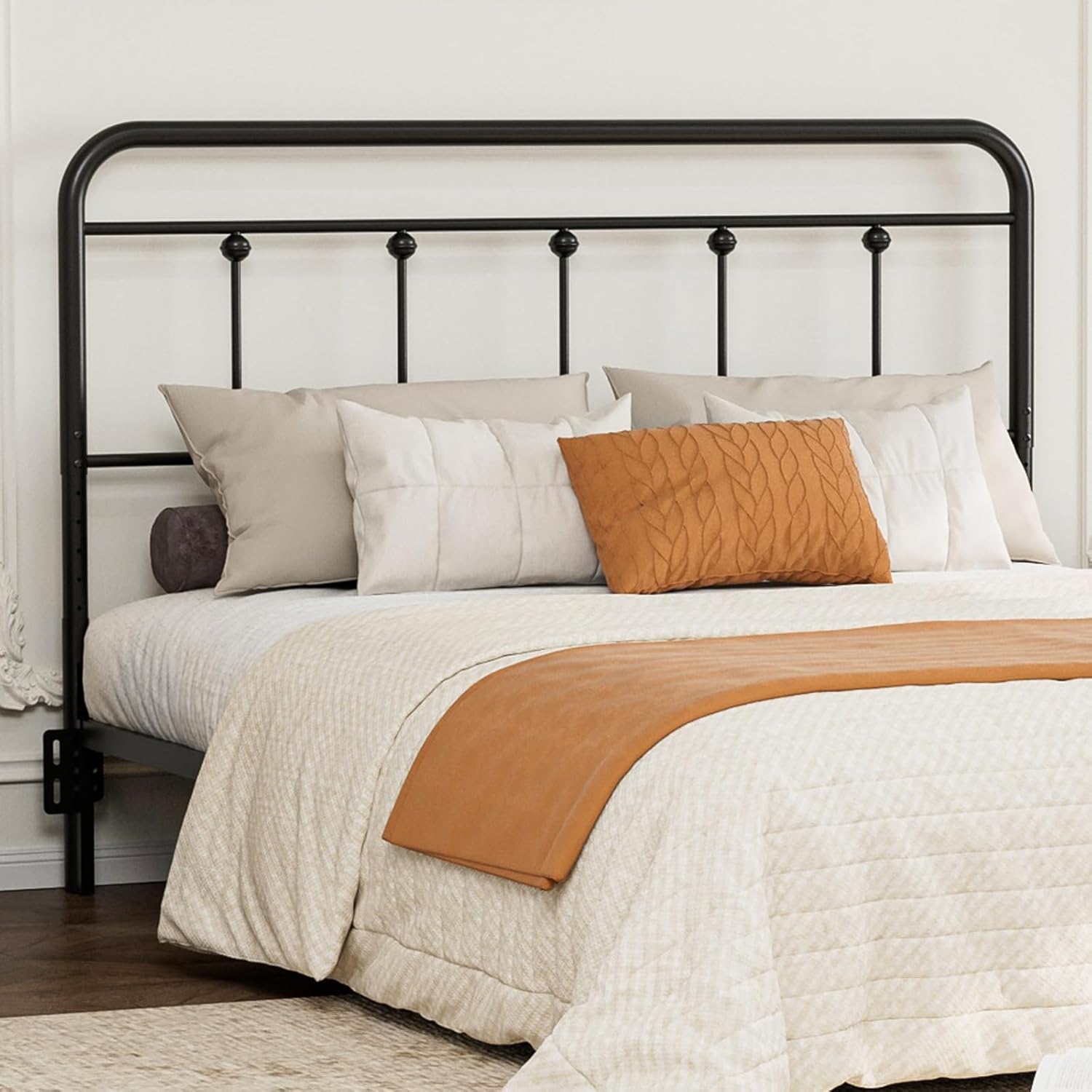 Metal Full Size Headboard Only, Adjustable Height, Steel Full Headboard with Bed Frame Brackets Adapter, Farmhouse Victorian Style, Easy Assembly, Black