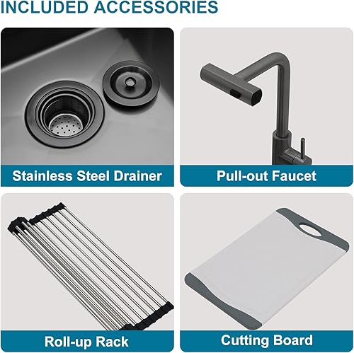 Miniatura 5 de Fregadero de cocina negro de 21 pulgadas, fregadero de preparación de bar, estación de trabajo, fregadero pequeño de acero inoxidable calibre 16 con