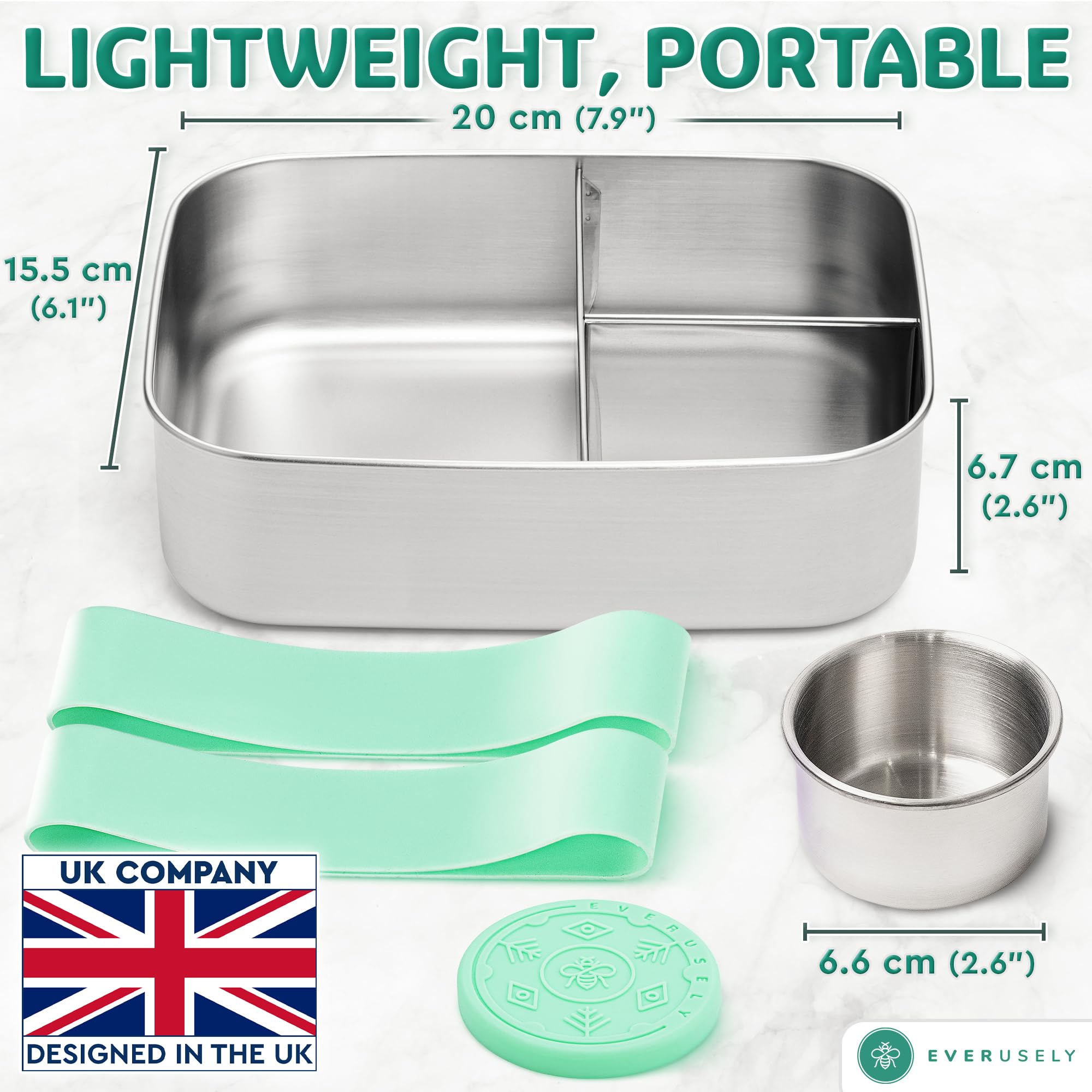 Everusely, Bento Box, Green, 47oz / 1.4 L, Large Stainless Steel Lunch Box with Leakproof Condiment Container - Image 3