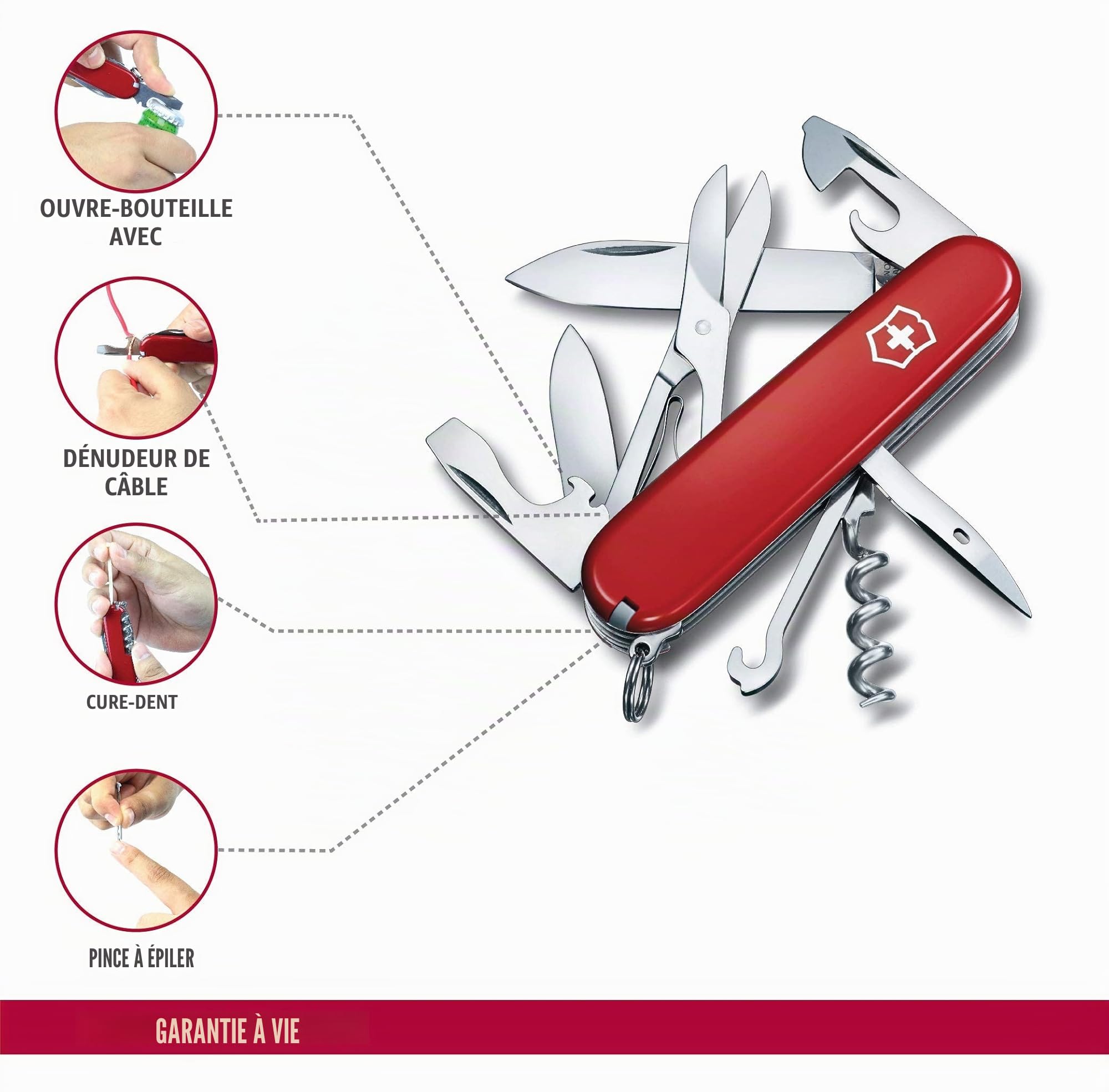 VICTORINOX Couteau Suisse Climber, 14 Fonctions, Swiss Made, Outil Multifonction, y c. Ciseaux, Lame, Ouvre-Boîtes, Tire-Bouchon, Tournevis, Rouge