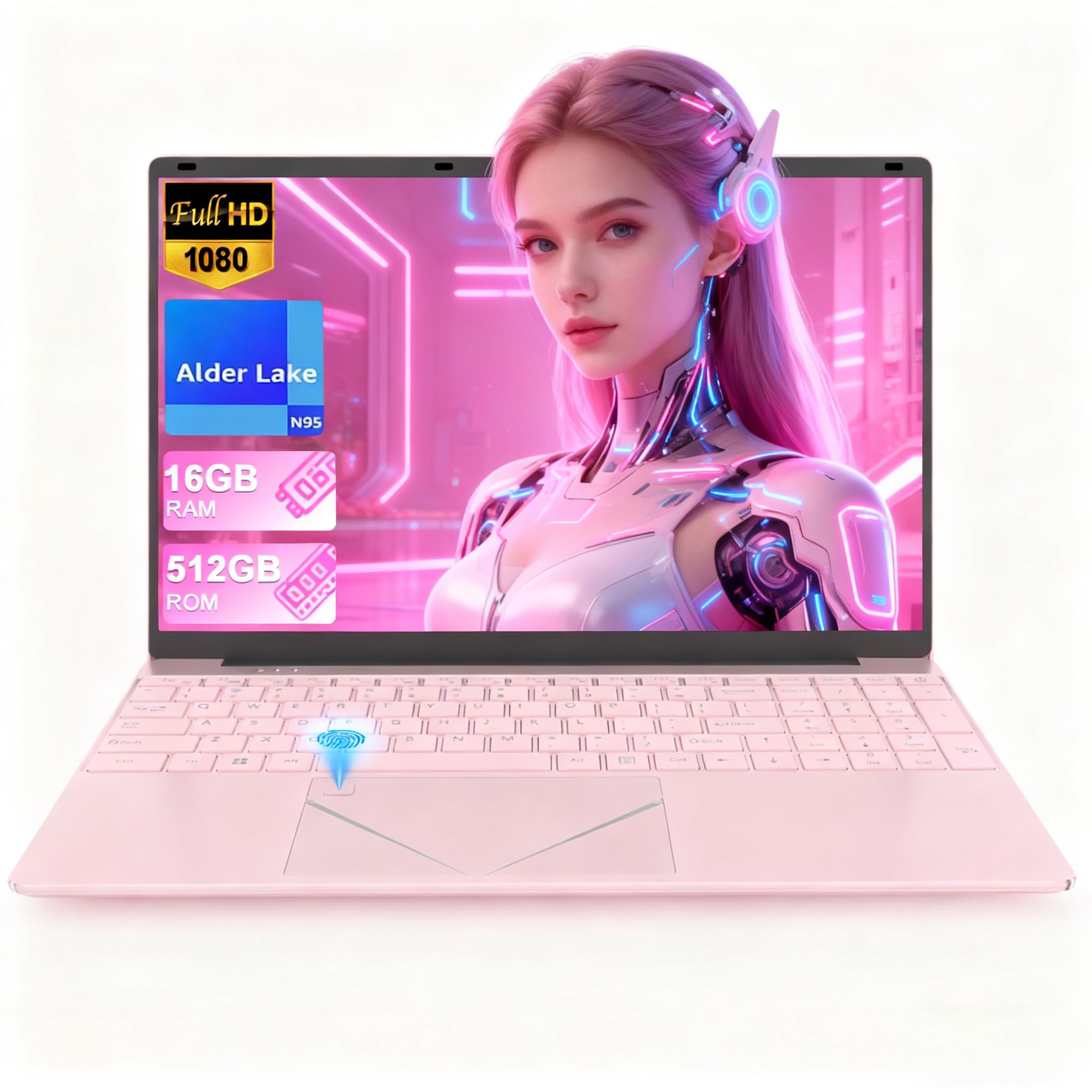 Ordinateur Portable 15,6 Pouces Rose, FHD 1920x1080, Processeur N95 3,4 GHz, 16 Go DDR4 RAM, 512 Go SSD, Léger pour Étudiants