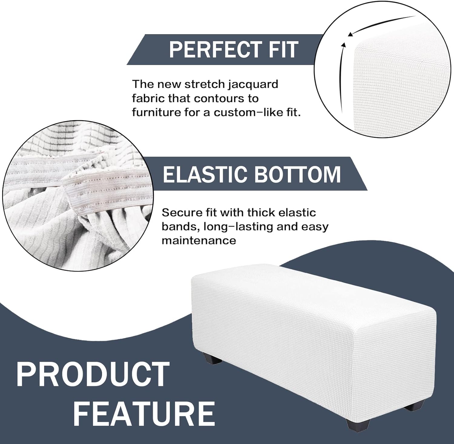CONRUSER Stretch Ottoman Covers, Soft Jacquard Ottoman Slipcovers Rectangle Storage Stool Cover Footstool Slipcover for Living Room Furniture Protector (White, X-Large)