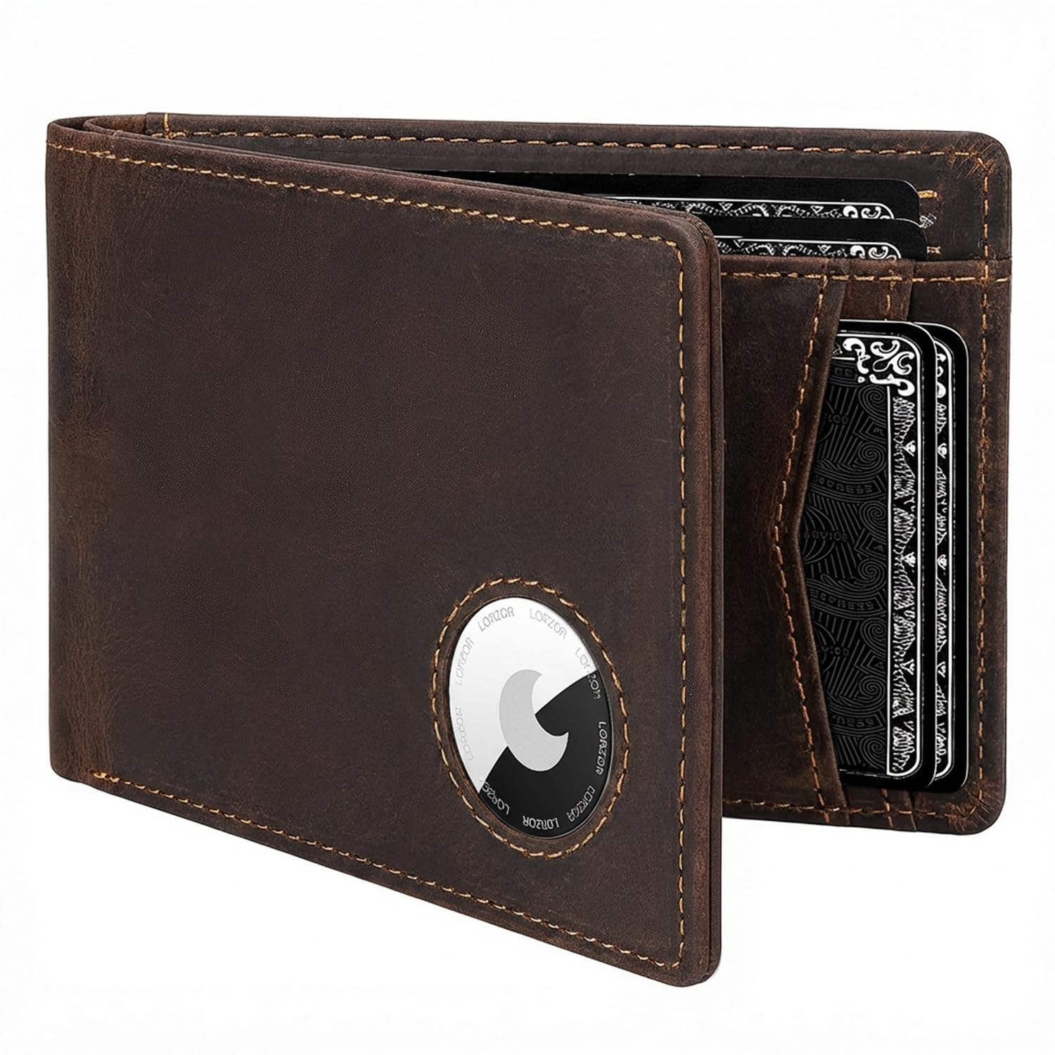 LORZOR Mens Wallet with AirTag Holder, Bifold Full Grain Leather Minimalist Front Pocket RFID Blocking AirTag Wallet with ID Window Gift for Men, up