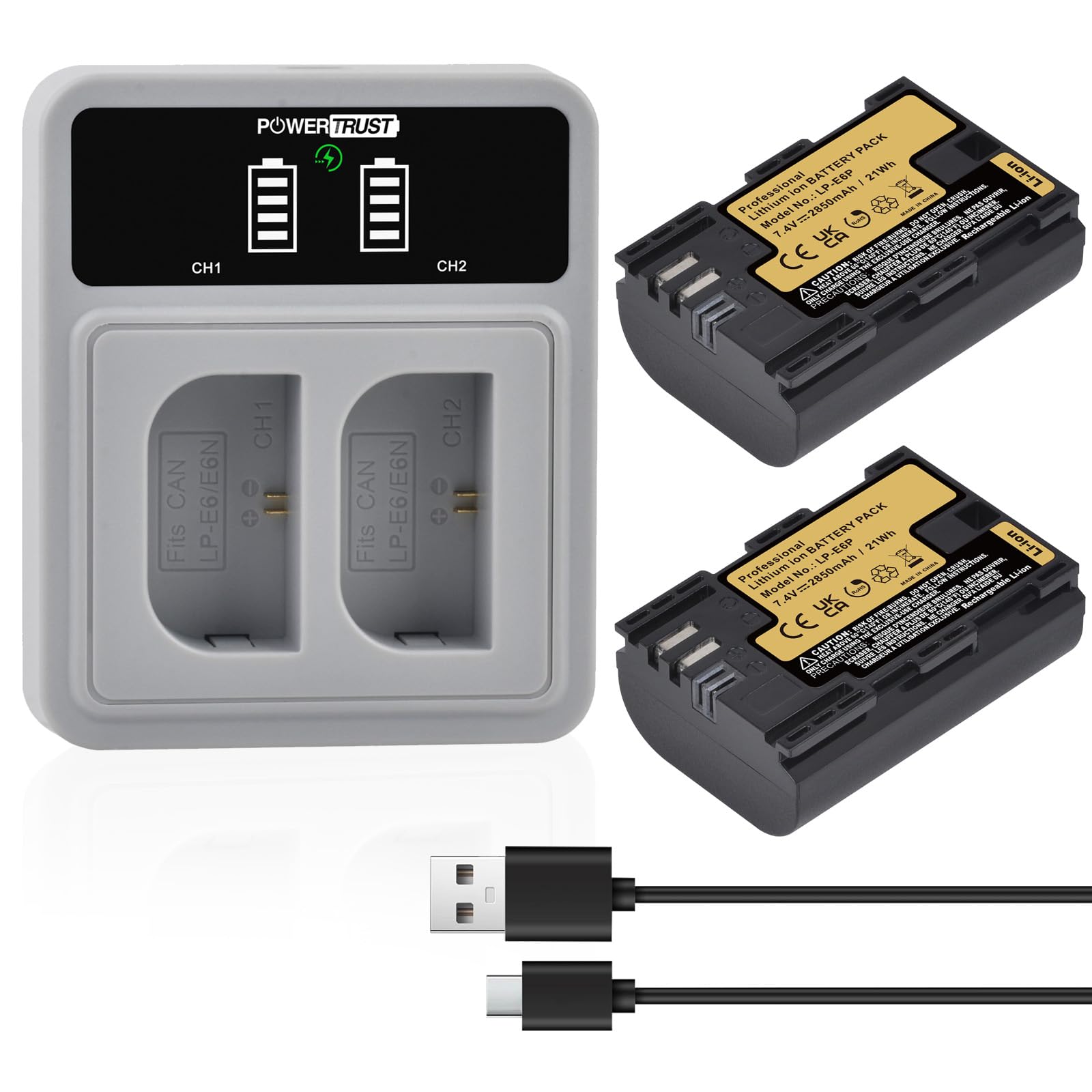 PowerTrust 2-Pack LP-E6P LP-E6 Battery with PD20W LED Dual Charger Compatible with Canon EOS R5 Mark II EOS R5 EOS R6 EOS R7 EOS R 5D II III IV 6D 6D II 7D 7D II 60D 70D 80D 90D Camera
