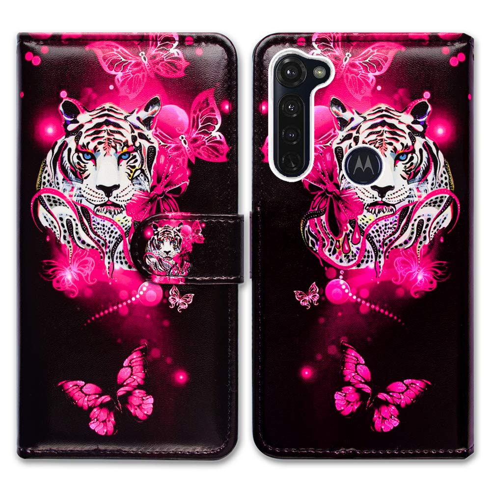 Bcov Case for Moto G Stylus/Moto G Pro, White Tiger Butterfly Leather Flip Wallet Case Cover with Card Slot Holder Kickstand for Motorola Moto G