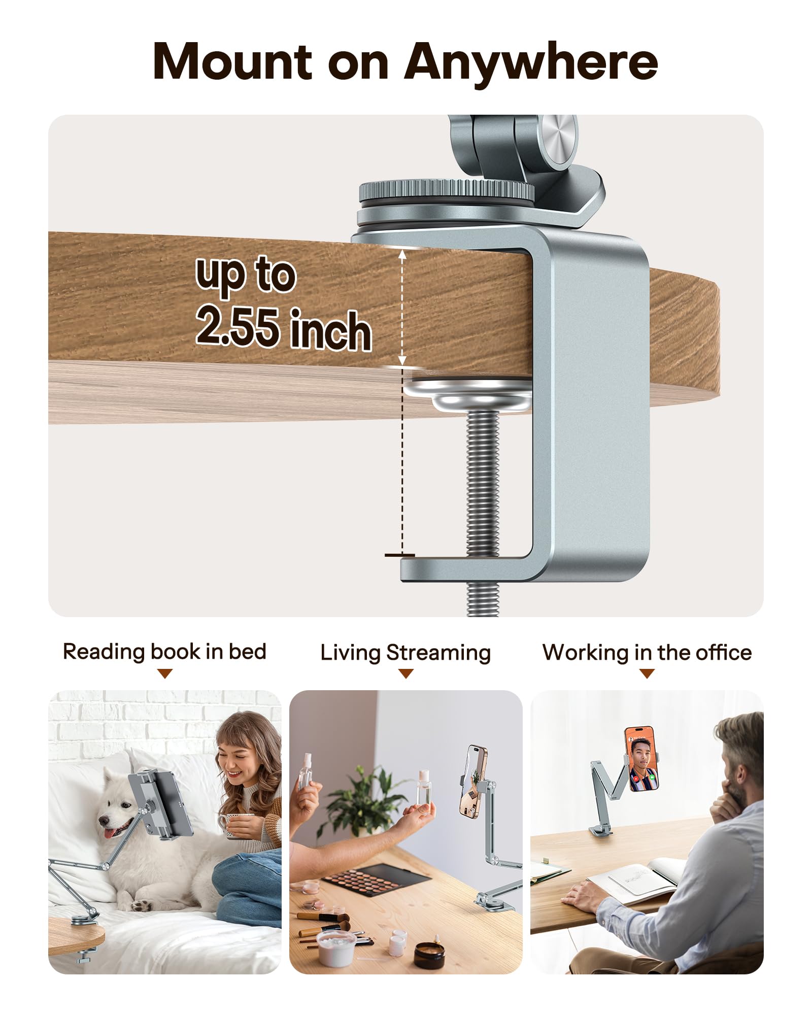 OMOTON Soporte para Tableta de Aluminio para Escritorio, Giratorio 360°, GH03 Soporte Ajustable con 2 Abrazaderas de Plástico (Teléfono y Tablet), para iPad/iPhone de 4 a 12", Gris