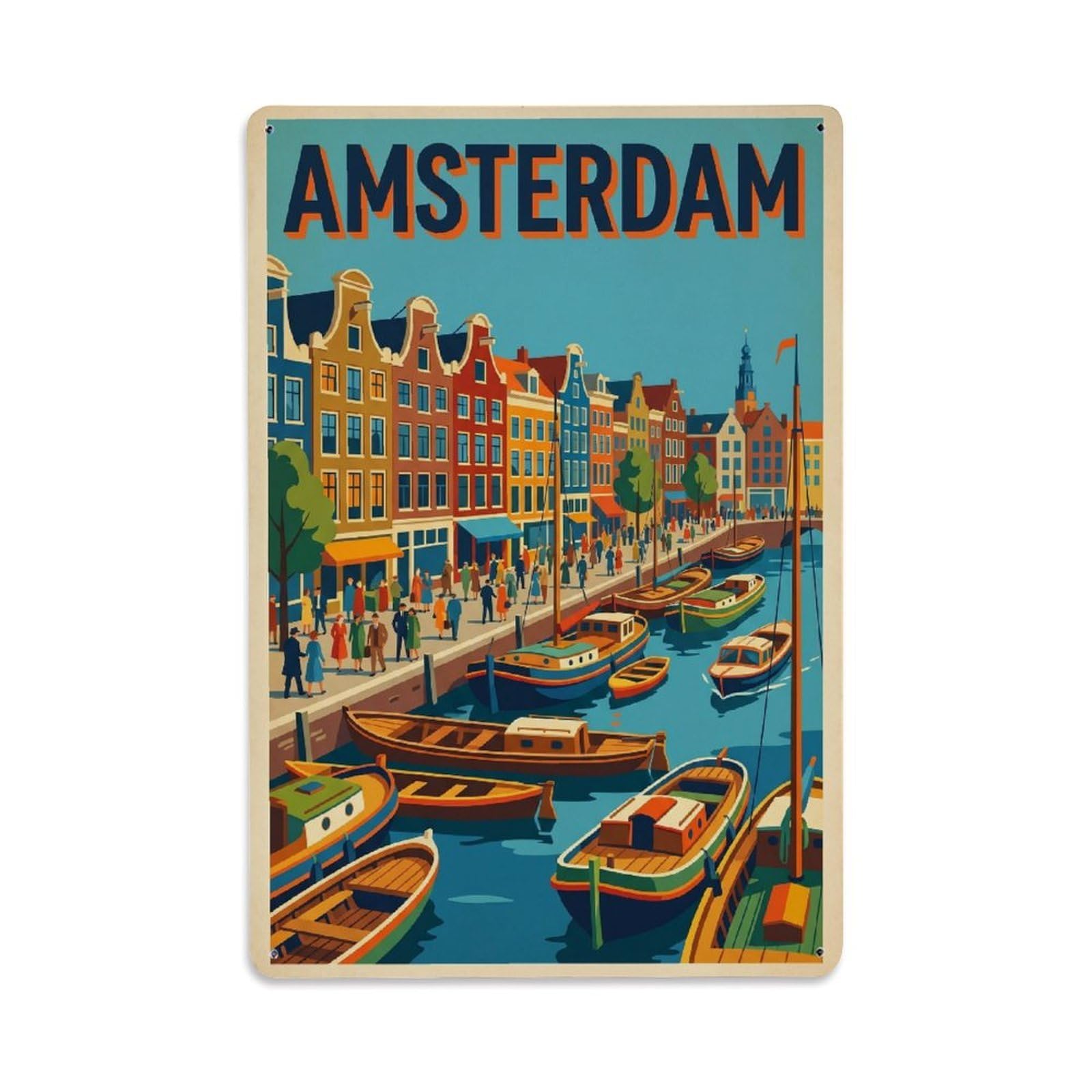 Okngb Style Canal Waterfront Amsterdam Classic Travel Quay Harbor Metal Tin Sign Plaque Wall Decor For Cafe, Man Cave, Club Bar, Office, Home Garden Round Metal Poster 8X12inch
