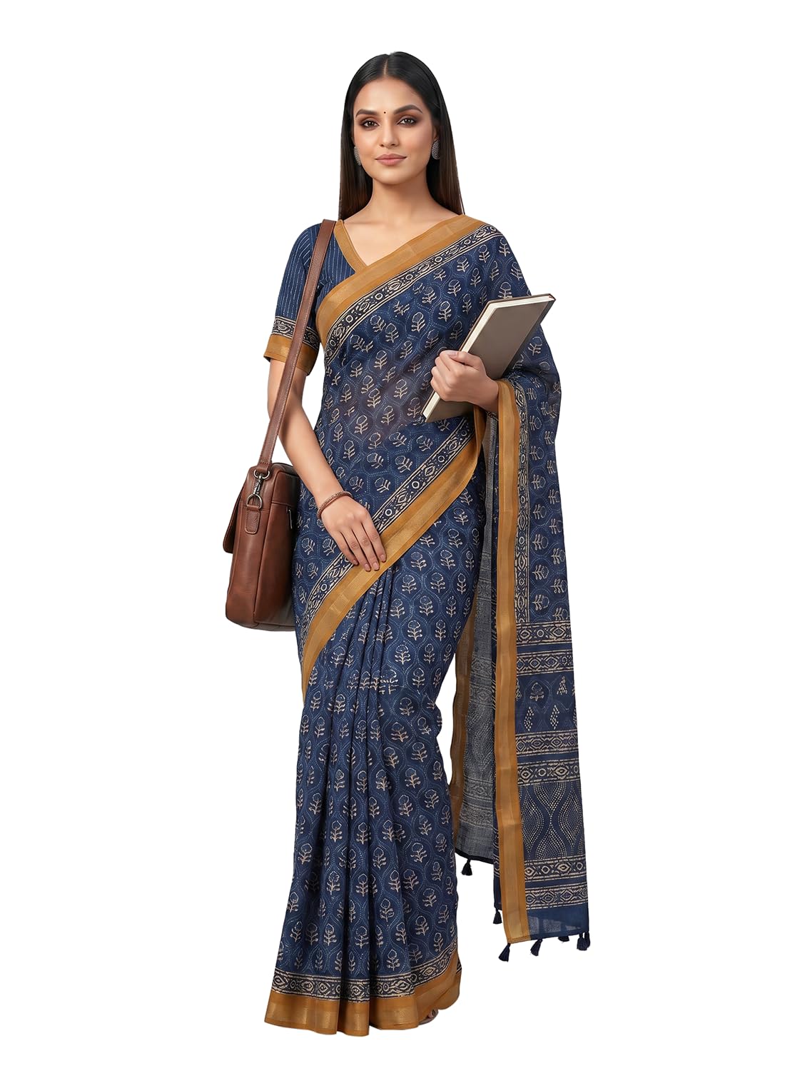 shri hari Sarees Women's Cotton Printed Saree with Ethnic Motif Design and Contrast Border | Lightweight Daily Wear Ethnic Saree with Unstitched Blouse Piece - Navy Blue-picture-1