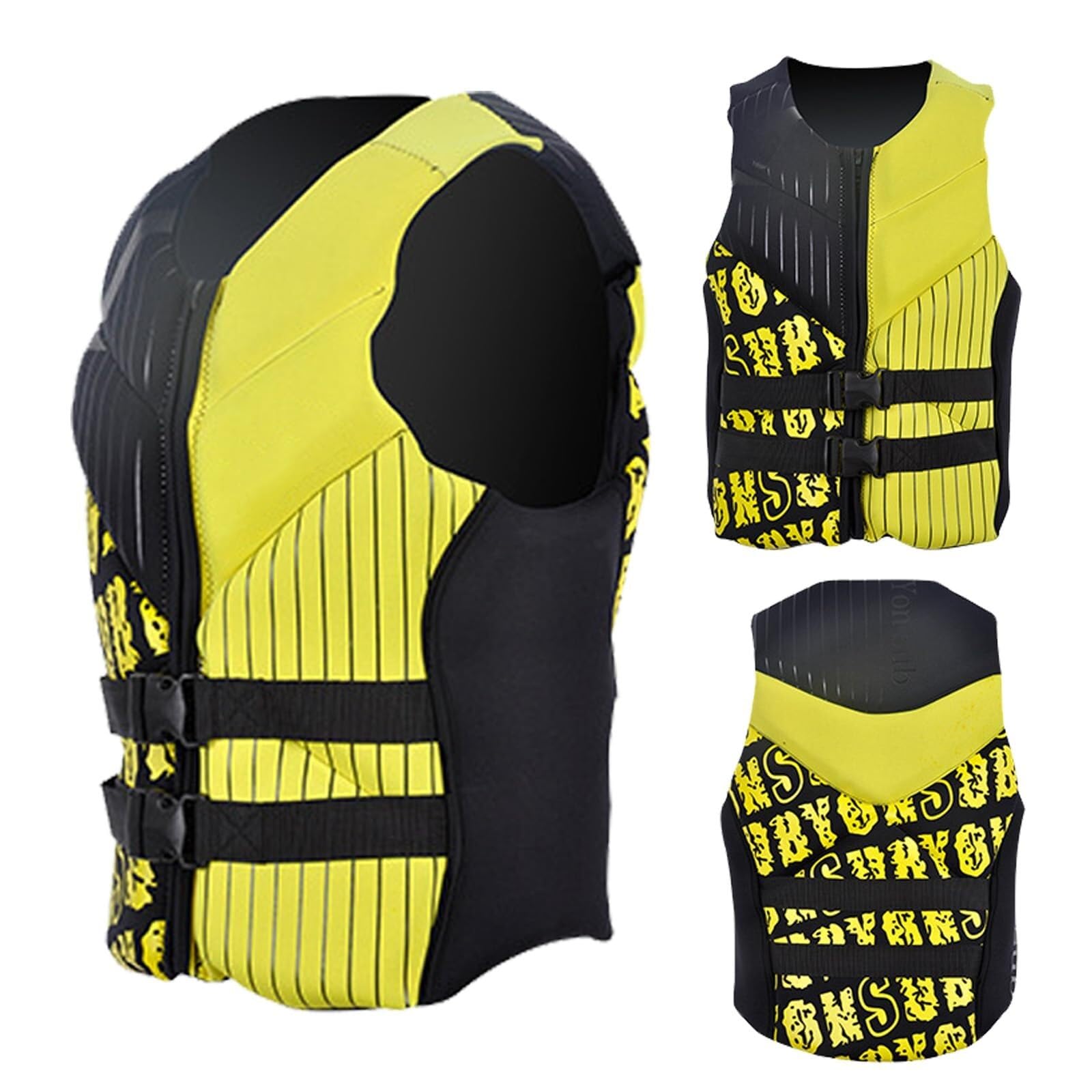 FOVIGUO Professionelle Schwimmhilfeweste mit verstellbarem Sicherheitsgurt, Wassersport-Sicherheitsweste, Antikollisions-Badeanzug für Kajakfahren, Schwimmen, Surfen, Motorboot(Yellow,XL)