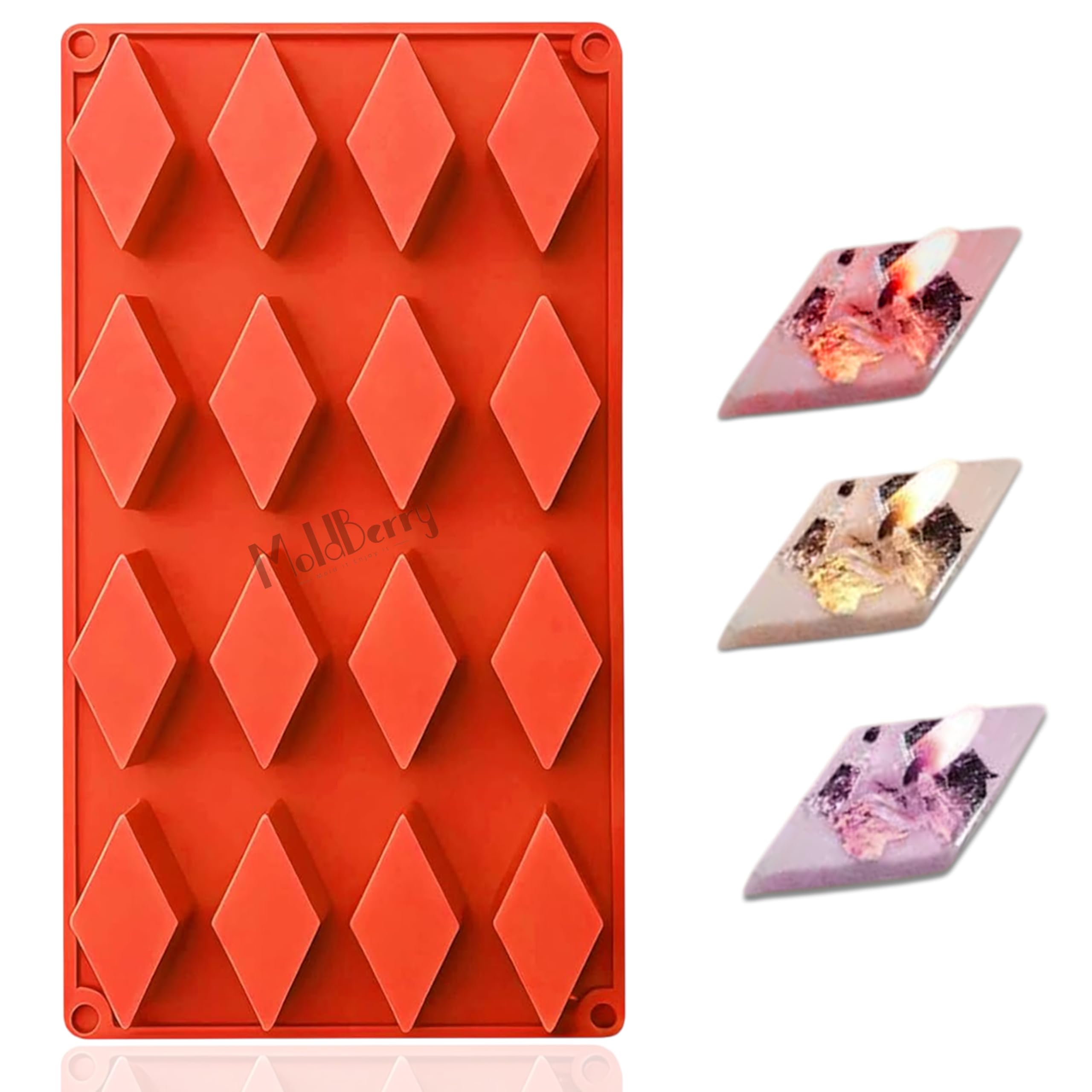 Moldberry Kaju Katli Candle Mold, 16-Cavity Diamond Shape Silicone Mould for Diwali Candles, Resin, Wax Melts & DIY Crafts | 11.6 x 6.9 Inch Non-Stick Multicolor Silicone Mould (Pack of 1)-image-13