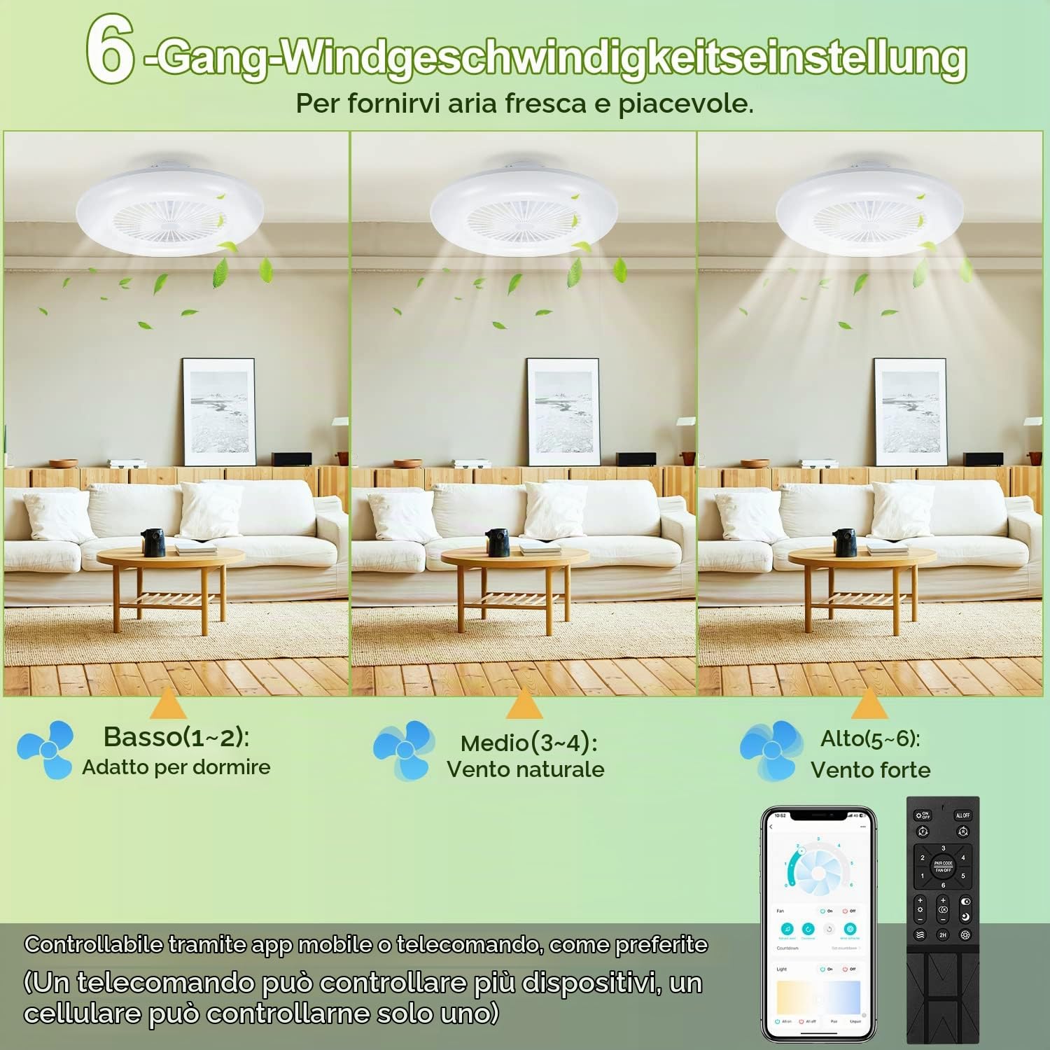 80W Ventilatore da Soffitto con Luce, Ventilatore LED Dimmerabile con Telecomando e App, Modalità Estate e Inverno, 6 Velocità Della, 3 Light Color Change 3000-6500K(φ55cm)