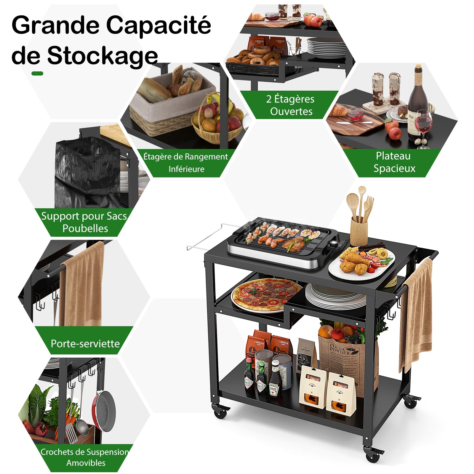 GOPLUS - Carro de barbacoa con 4 ruedas, postre exterior para barbacoa, plancha con 4 ganchos y estante, 111 x 50,5 x 93 cm, carga 50 kg, UI21160ELFR