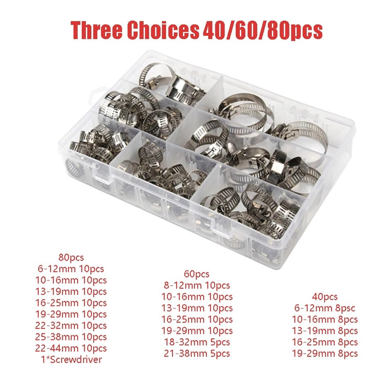 40/60/80 Stück 8–38 Mm Schlauchschellen-Set Aus Edelstahl, Verstellbar, for Auto-Kraftstoffrohrschelle, Schneckengetriebe-Clip