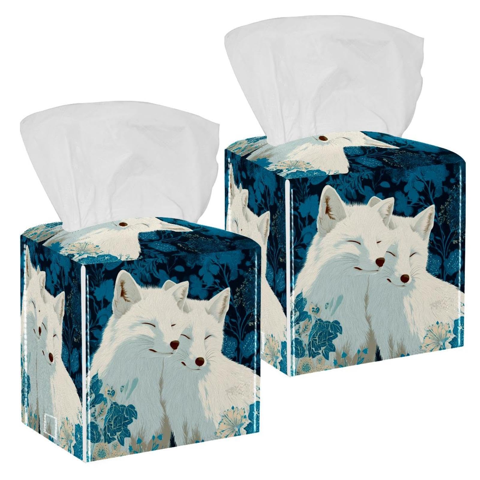 Foxes Tissue Box Cover, 2 Pack PU Leather Square Facial Tissue Dispenser Box holder for Home Office Car