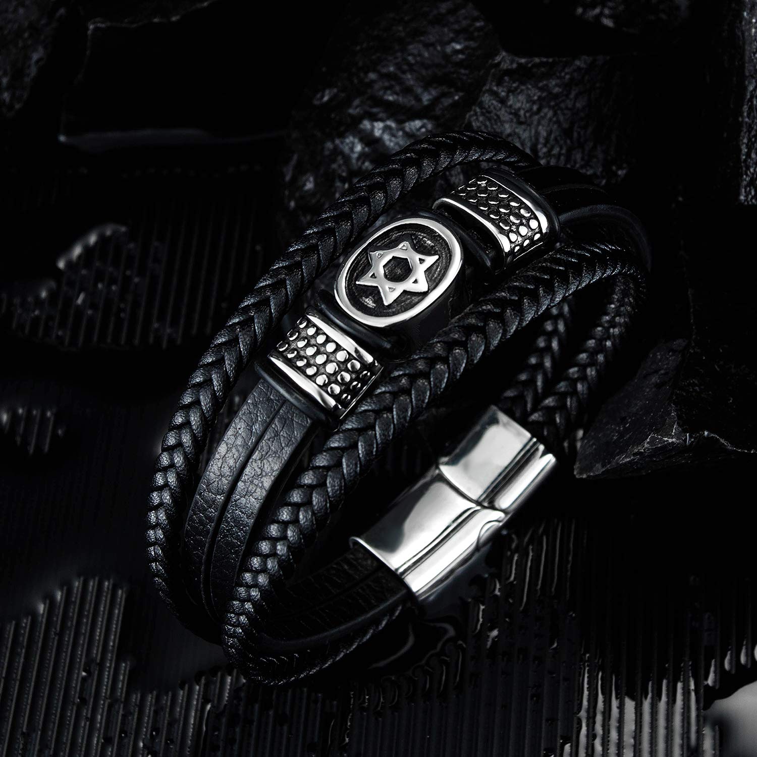 Pulsera de cuero negro para hombre, pulsera de cuero trenzado multicapa Magen Star of David, joyería judía, Cuero 3