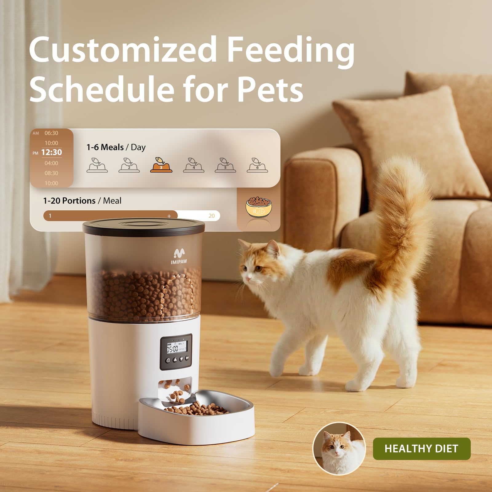 IMIPAW Automatic Cat Feeder, 3L Timed Pet Dry Food Dispenser with Clog-Free Design, Auto Feeder for Cats, 1-6 Meals Per Day, Desiccant Bags, with Stainless Steel view 2