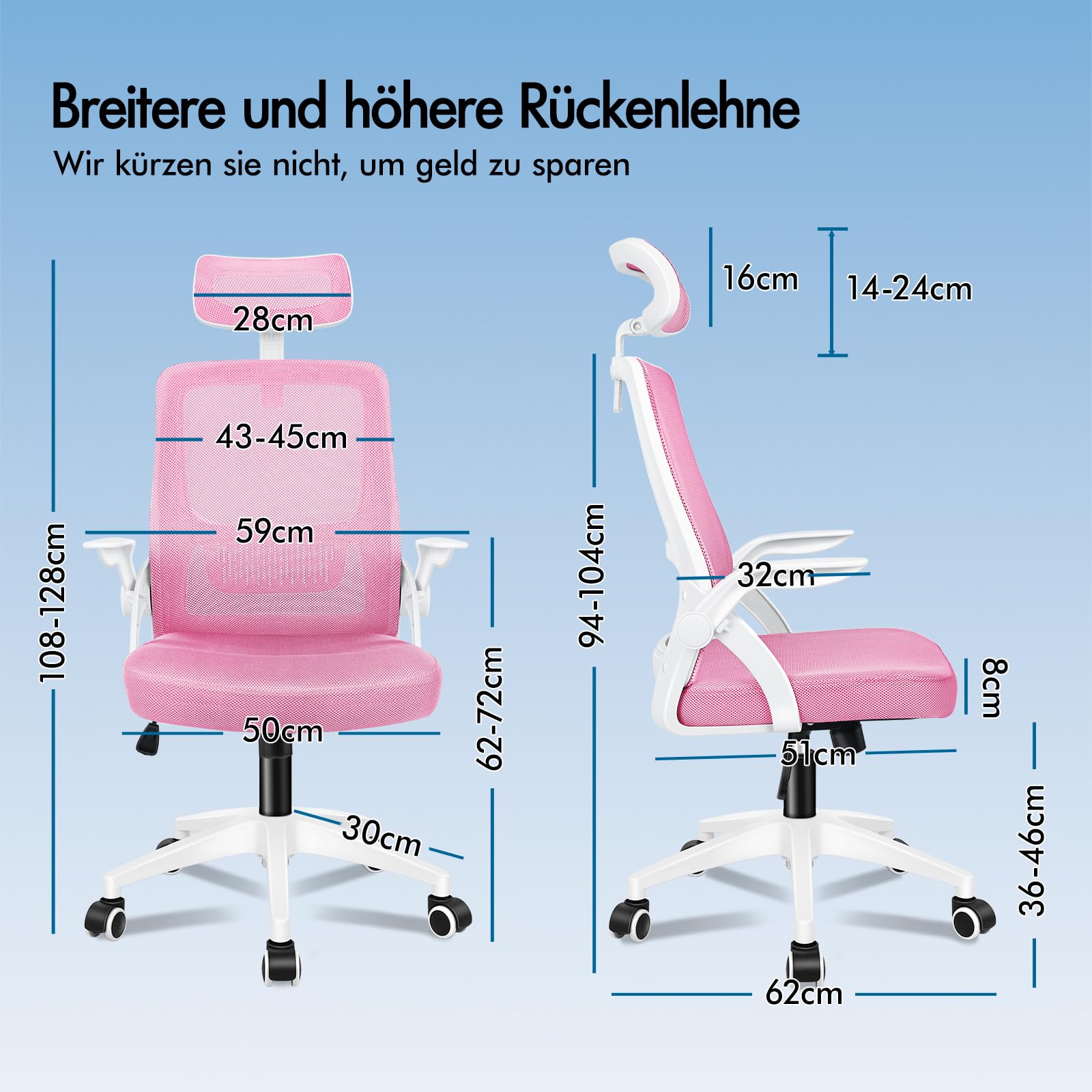 ALFORDSON Bürostuhl Chefsessel Netzstuhl ergonomisch Schreibtischstuhl Wippfunktion höhenverstellbarer,360° Drehstuhl, Computerstuhl Besprechungsstuhl,klappbare Armlehnen,180kg bis belastbar, Rosa