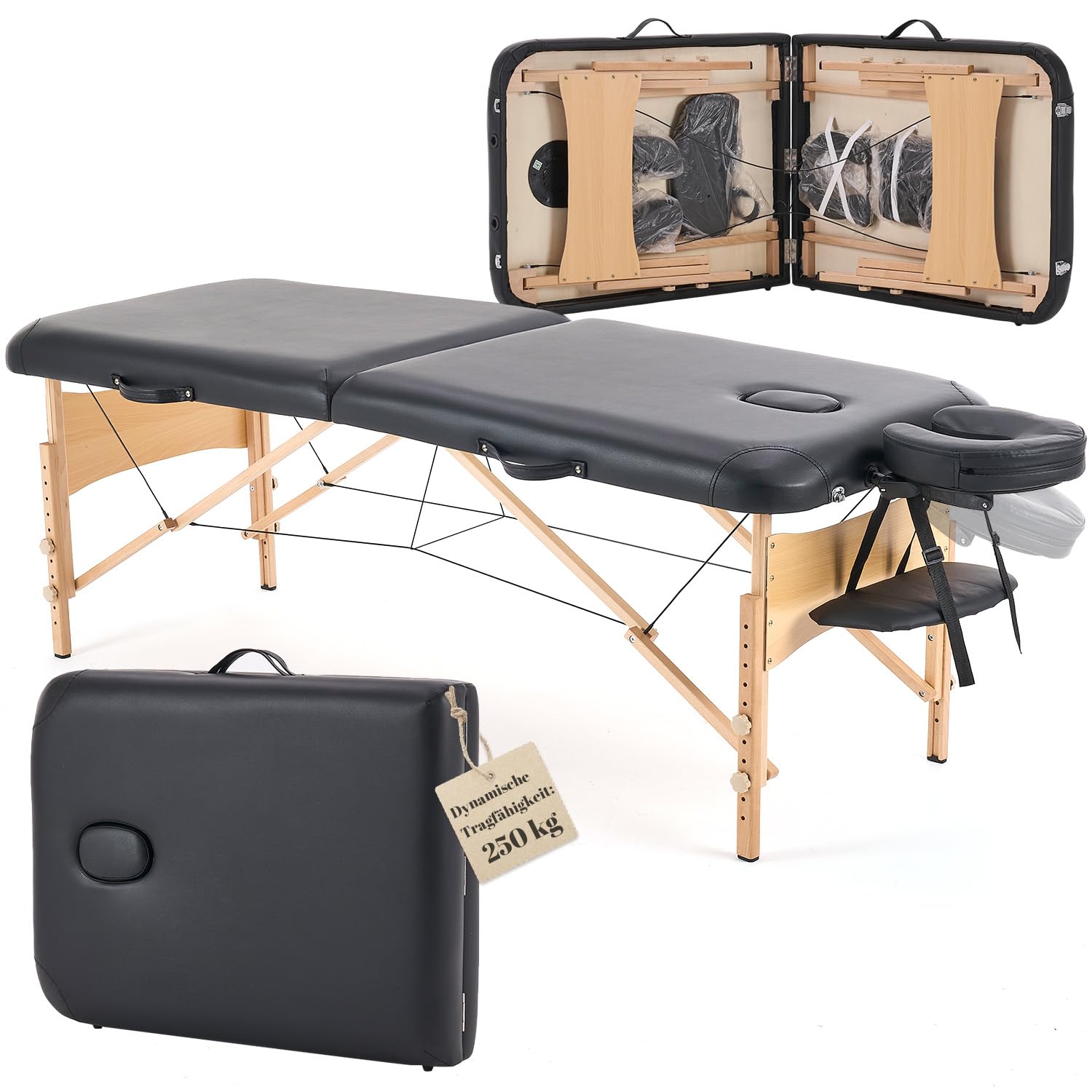 Kidol&Shellder Massageliege 70cm breit, klappbar höhenverstellbar, 250kg Tragfähigkeit, 9cm PU Polsterung, Tragetasche, rutschfeste Füße, Schwarz