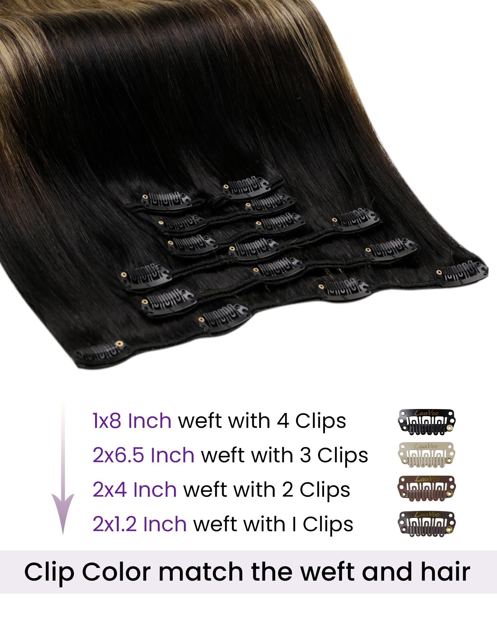 LaaVoo Clip in Hair Extensions Real Human Hair Black Hair Extensions Clip in Straight Balayage Dark Brown & Blonde Remy Hair Full Head Double Weft 80g 5pcs 12 Inch #1b/4/27 - Image 2
