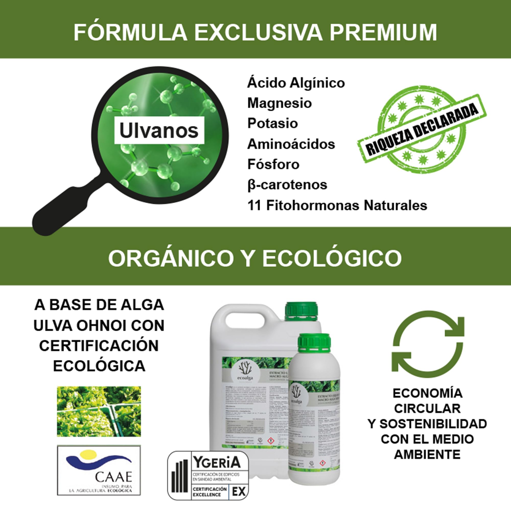 Abono Líquido Fertilizante Alga Ulva Premium Plantas Cultivos 5L. Orgánico y Universal: Huerto, Jardín, Césped, Interior. Rendimiento Todas Fases. Crecimiento, Resistencia, Foliar, Enraizante