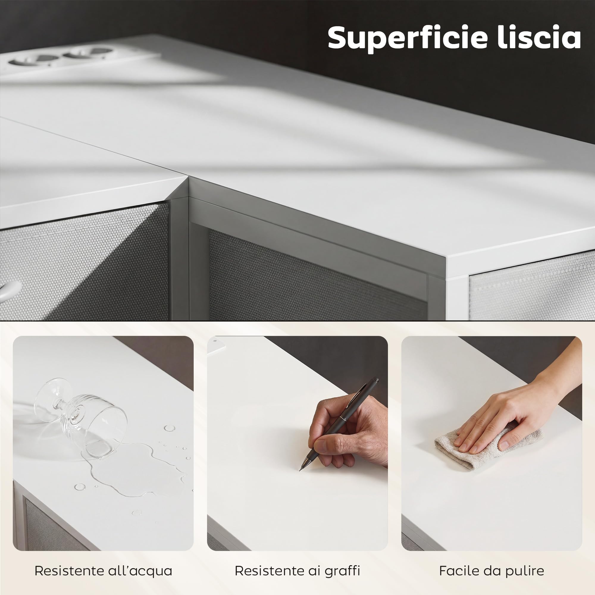 HOMCOM Scrivania Angolare Reversibile con Porte USB ad L 126x48 cm Bianco | Prese di Corrente, 6 Cassetti in Tessuto, Gancio Laterale, per Computer Ufficio Studio Casa