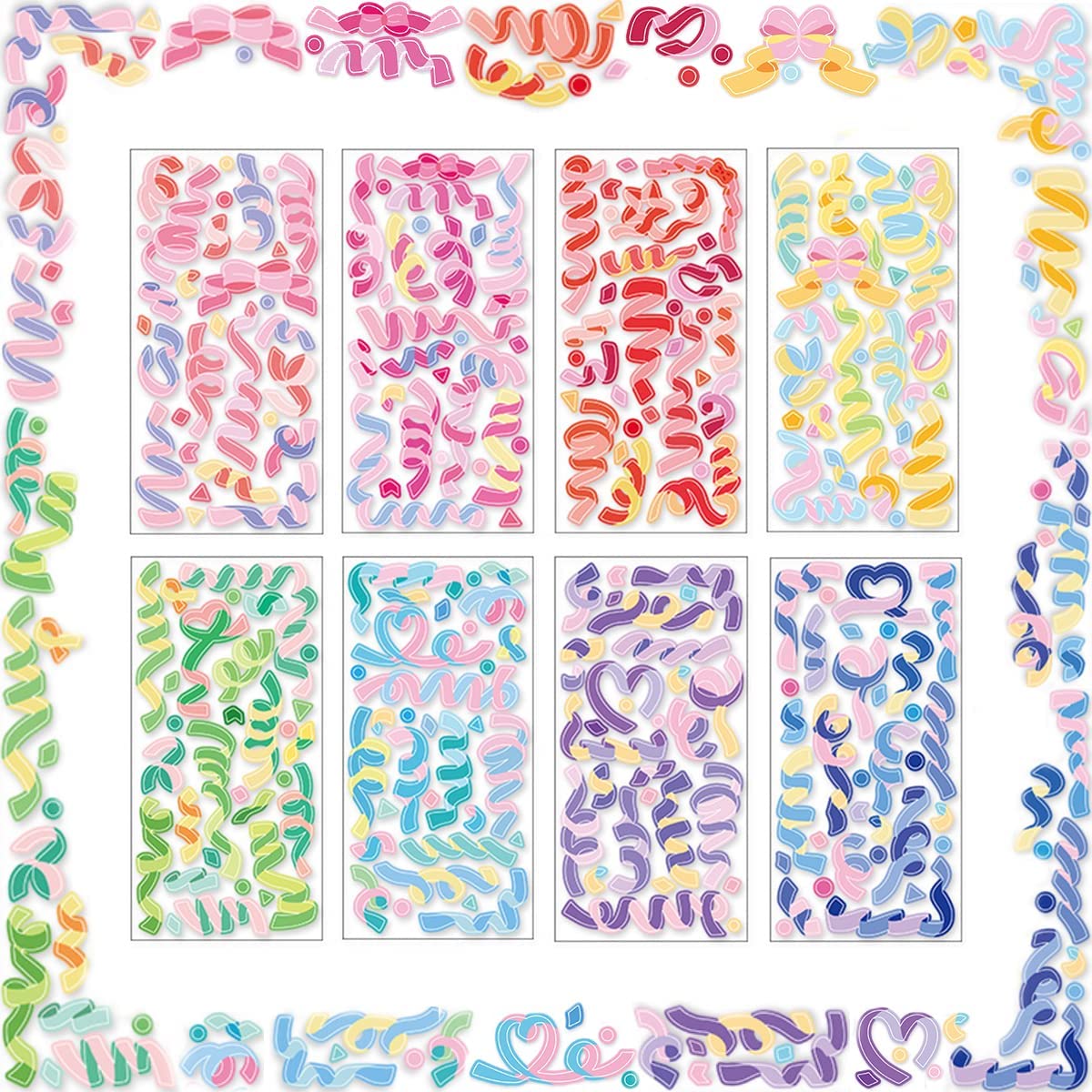 Decorative Stickers Set of 8, DIY Colorful Glitter Self-Adhesive Paper, Glittering Glitter Stickers, Colorful Waltz Collection Cute Decorative Stickers for Kids Scrapbook Cards DIY Decorative Craft